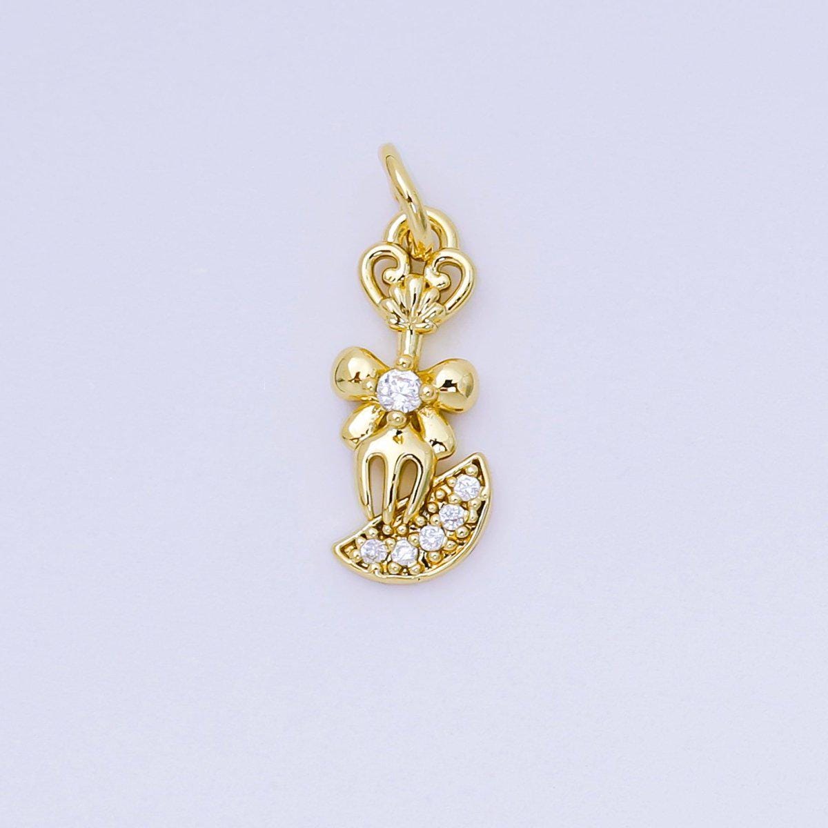 24K Gold Filled 16mm Micro Paved CZ Shiny Fork Bow Tie Charm in Gold & Silver | AH-590