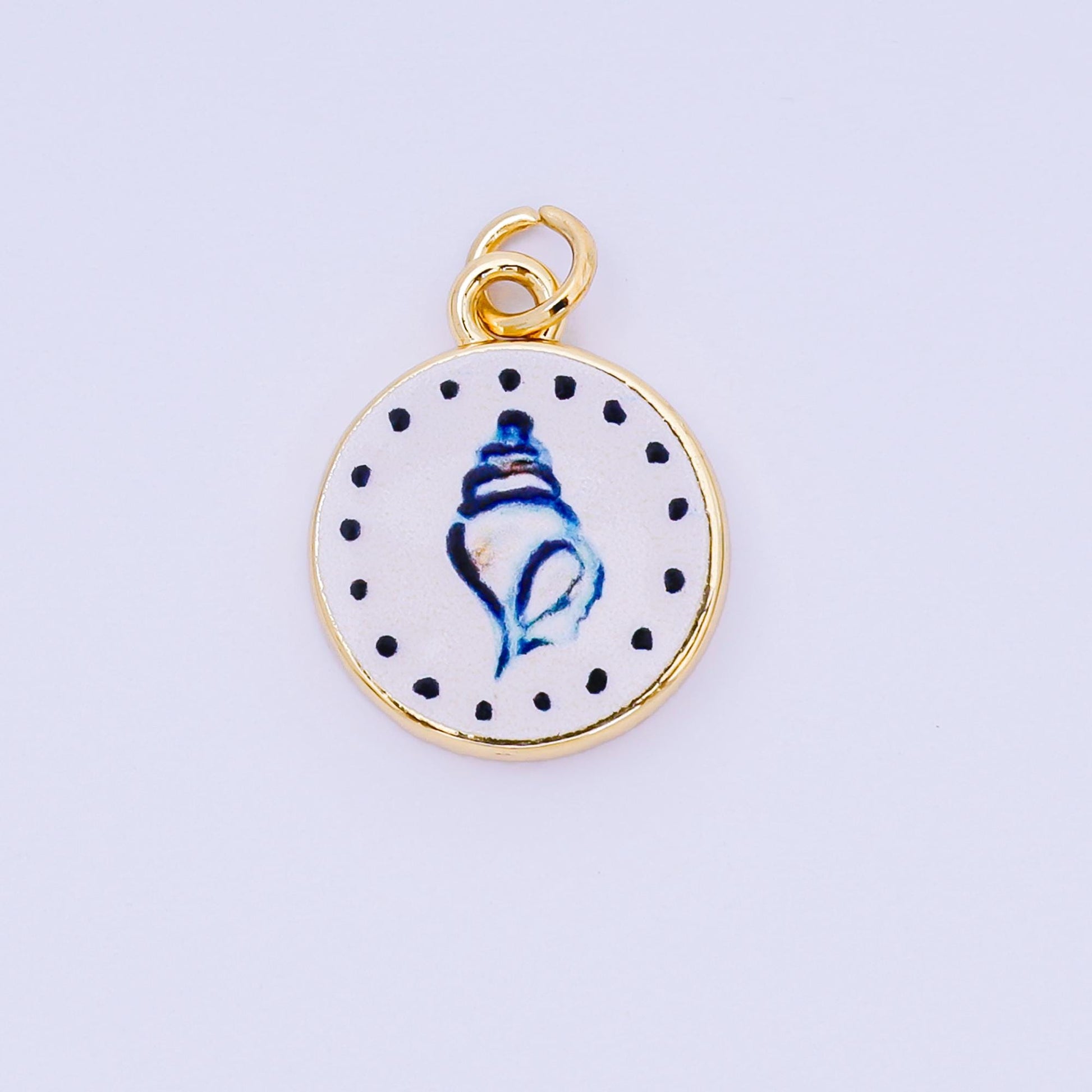 Double Sided Gold Filled Enamel Charms Hand Painted Round Pendant Charms with Hearts, Crab, Shell, Palm Tree, Bow & Fruit Design AJ-515