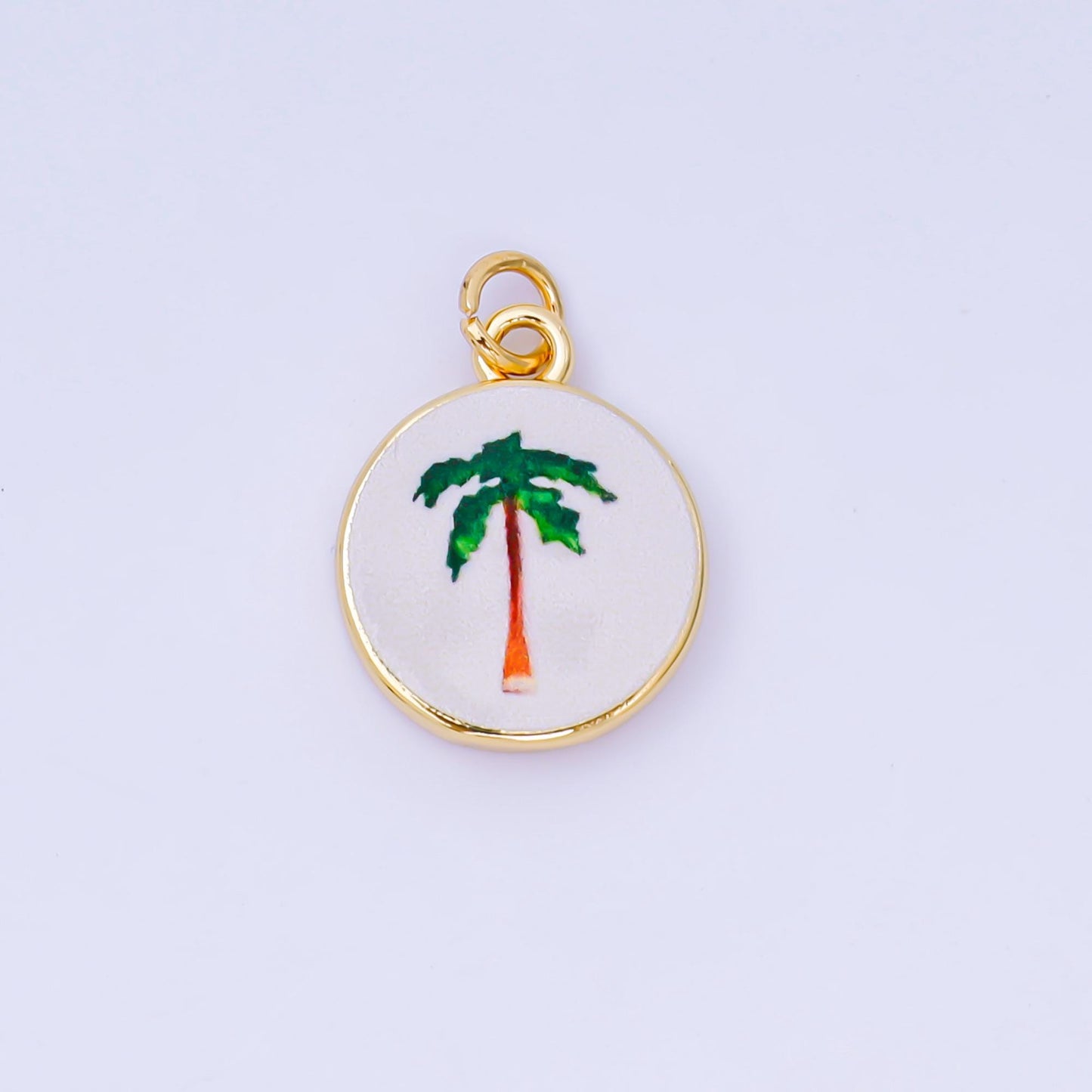 Double Sided Gold Filled Enamel Charms Hand Painted Round Pendant Charms with Hearts, Crab, Shell, Palm Tree, Bow & Fruit Design AJ-515
