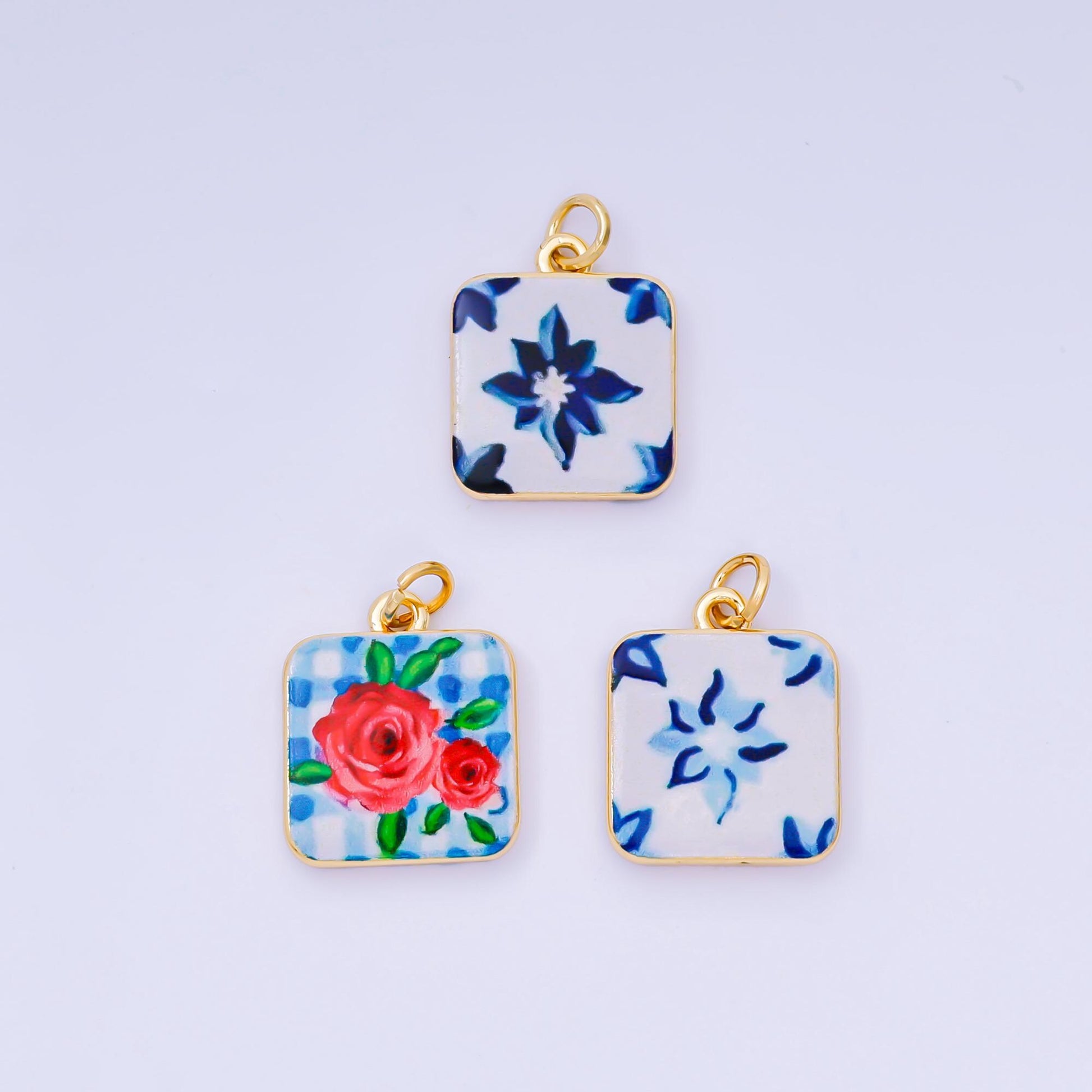 Mini Blue enamel Flower Mediterranean Ceramic Tiles Inspired Romantic Floral 24k gold filled charm | AJ-518