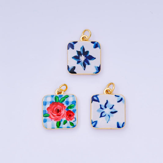 Mini Blue enamel Flower Mediterranean Ceramic Tiles Inspired Romantic Floral 24k gold filled charm | AJ-518