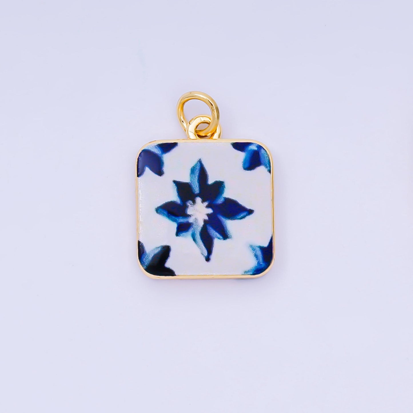 Mini Blue enamel Flower Mediterranean Ceramic Tiles Inspired Romantic Floral 24k gold filled charm | AJ-518