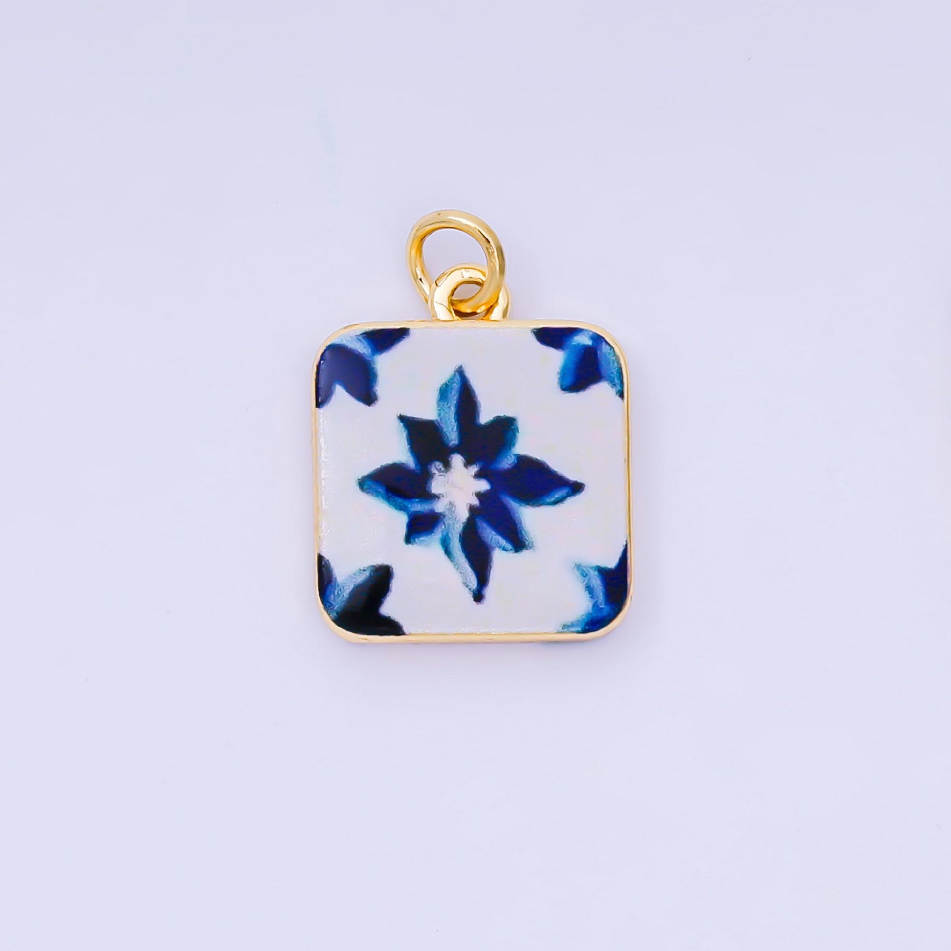 Mini Blue enamel Flower Mediterranean Ceramic Tiles Inspired Romantic Floral 24k gold filled charm | AJ-518