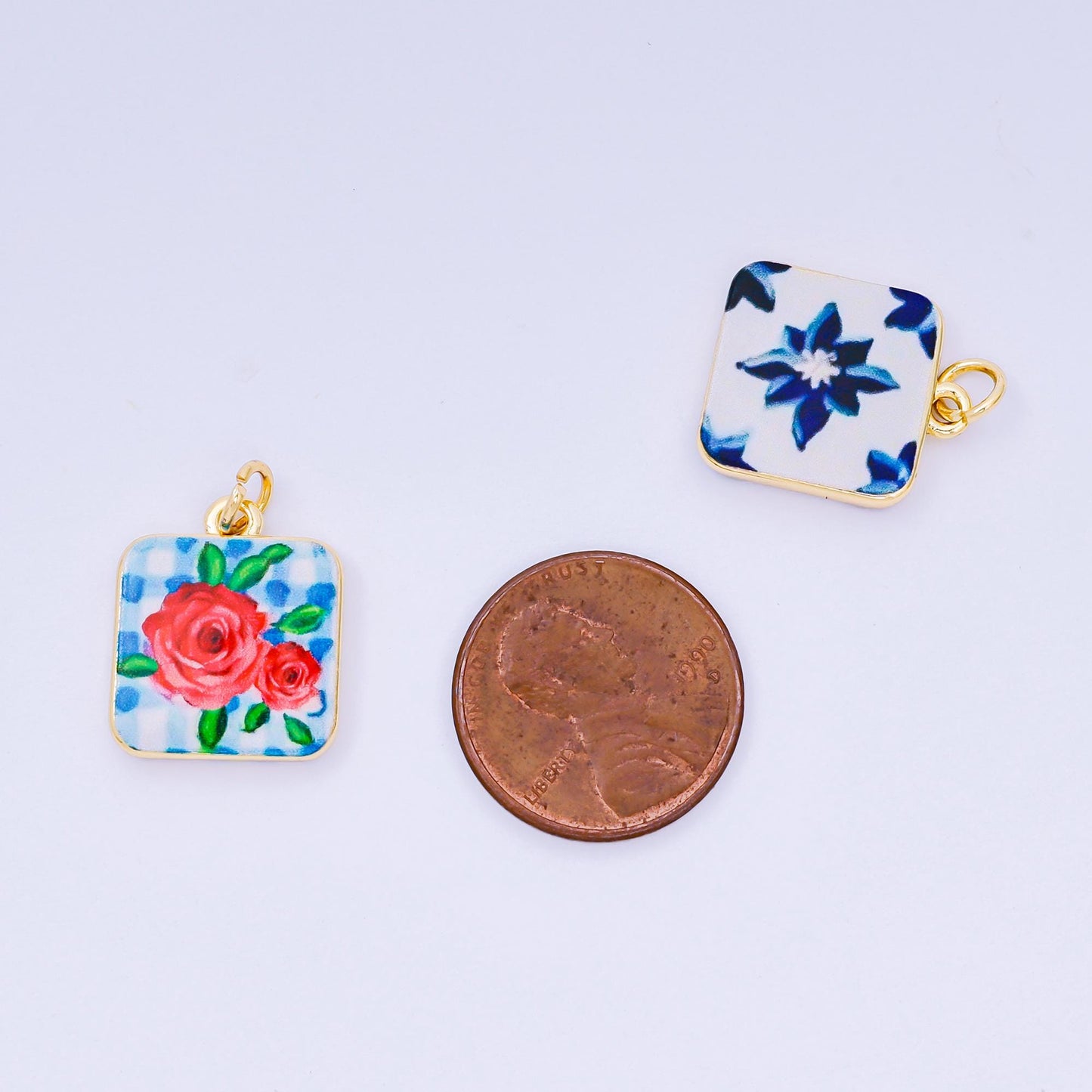 Mini Blue enamel Flower Mediterranean Ceramic Tiles Inspired Romantic Floral 24k gold filled charm | AJ-518