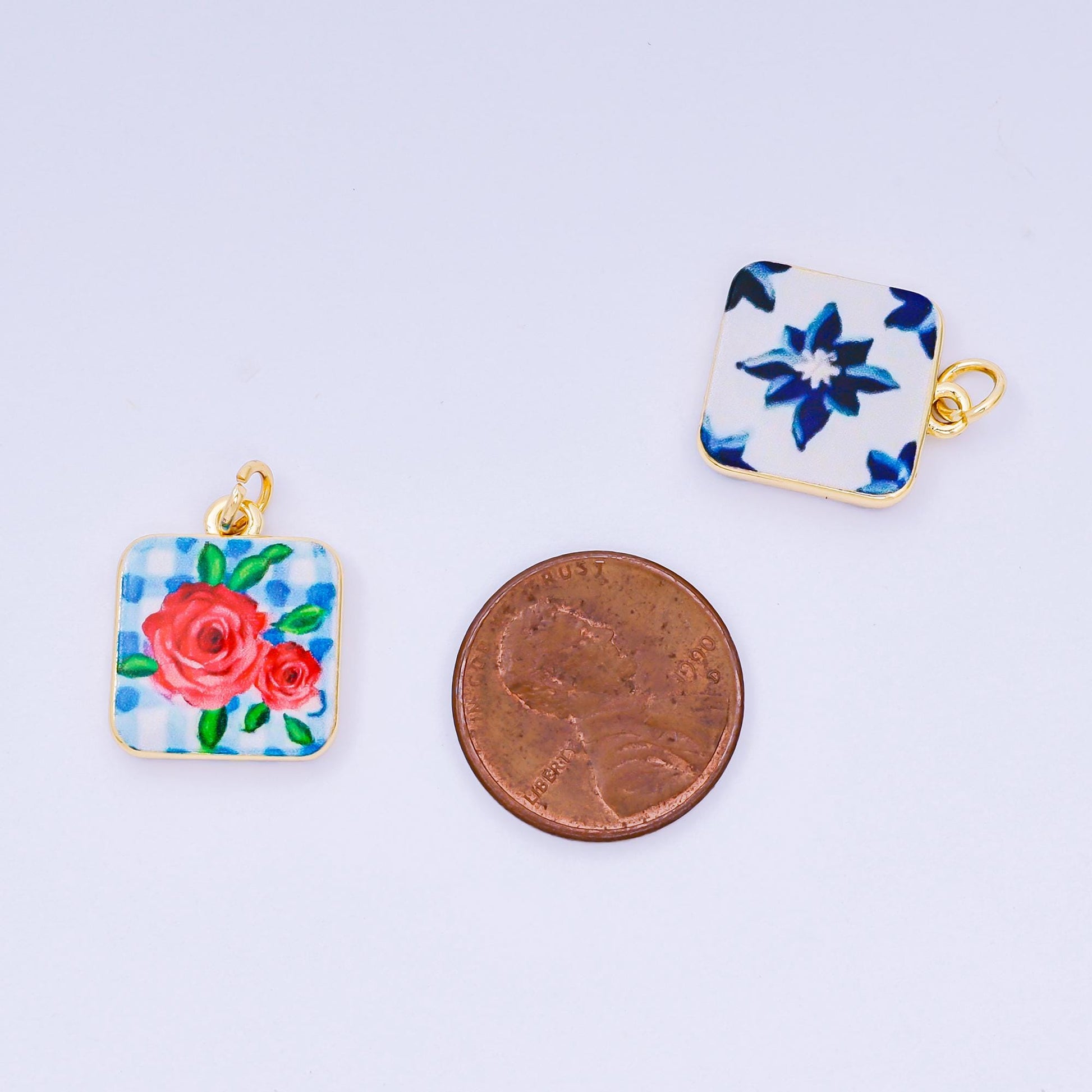 Mini Blue enamel Flower Mediterranean Ceramic Tiles Inspired Romantic Floral 24k gold filled charm | AJ-518
