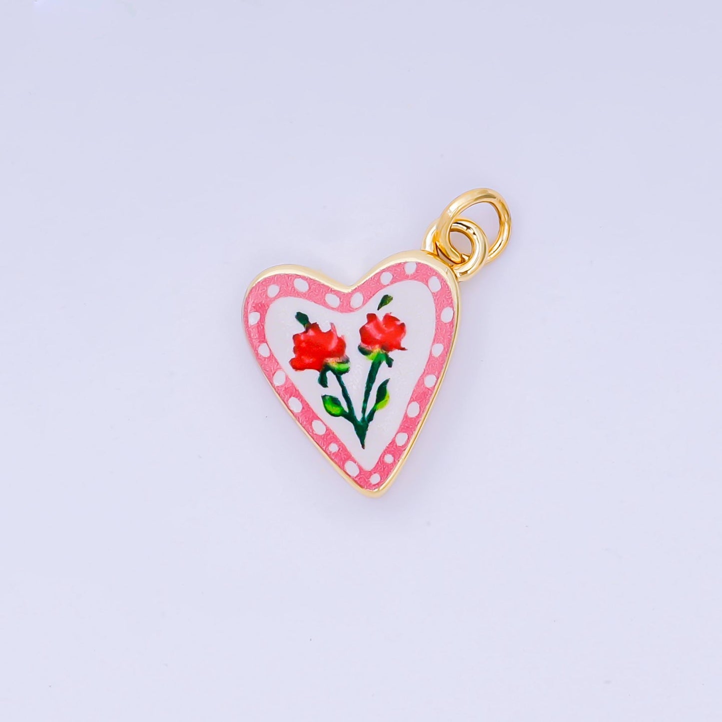 Heart Charms – Hand Painted Enamel Heart Pendants with Cherry & Rose Design, Italian Folk Art Inspired Jewelry Making Supplies AJ-516