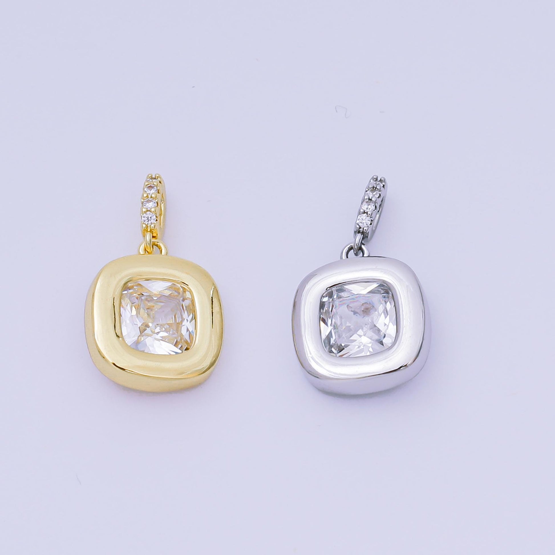 Gold & Silver Cushion Cut Crystal Charms – Square Pendant with CZ Accents, Modern Elegant Jewelry Making Supplies AH-527
