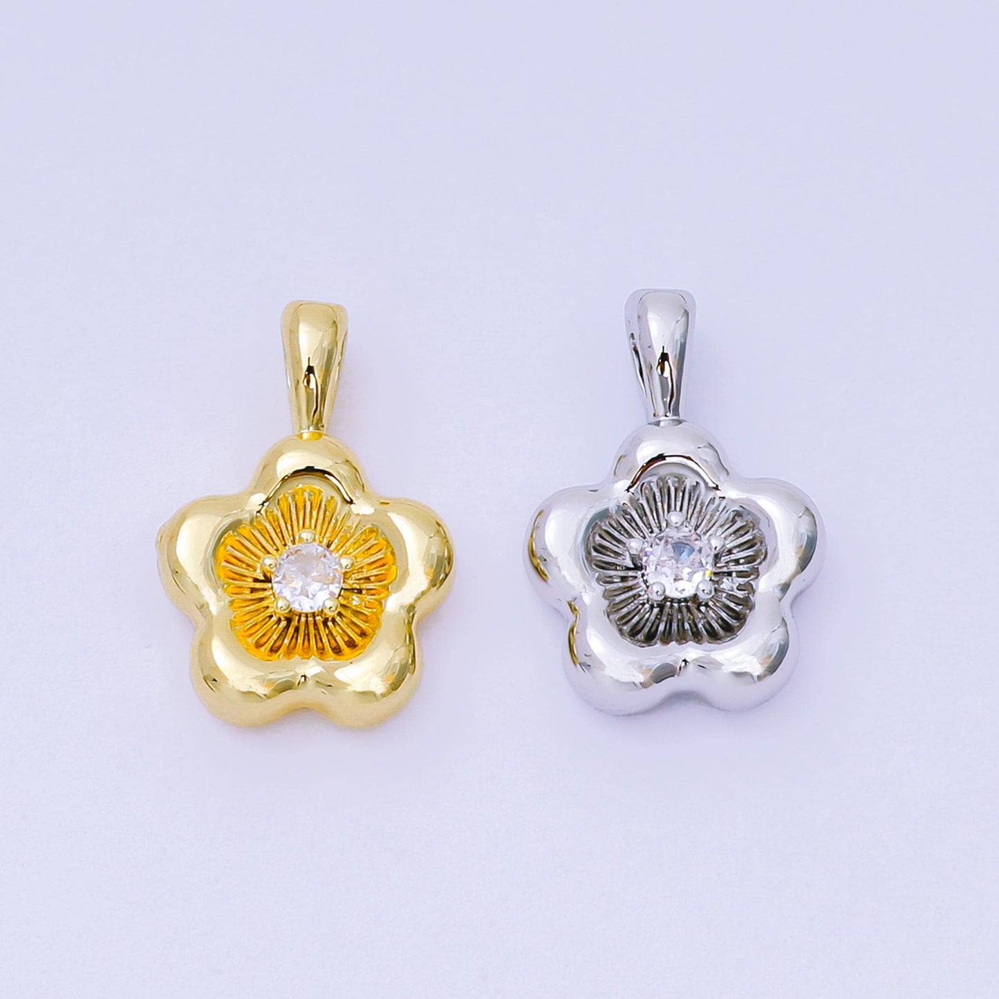 Dainty Puffy gold daisy flower pendant, 24k gold Filled minimalistic floral Silver charm | AH-526