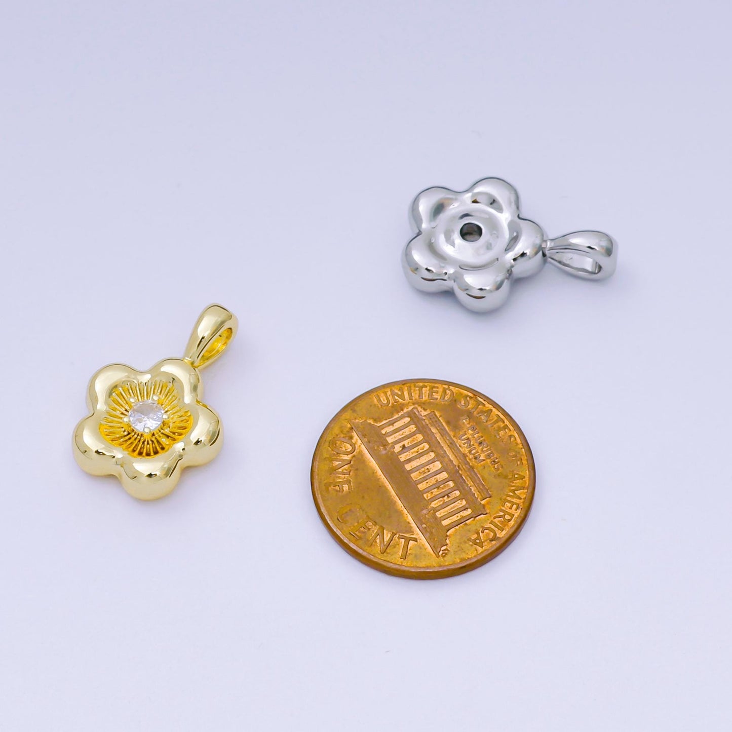 Dainty Puffy gold daisy flower pendant, 24k gold Filled minimalistic floral Silver charm | AH-526