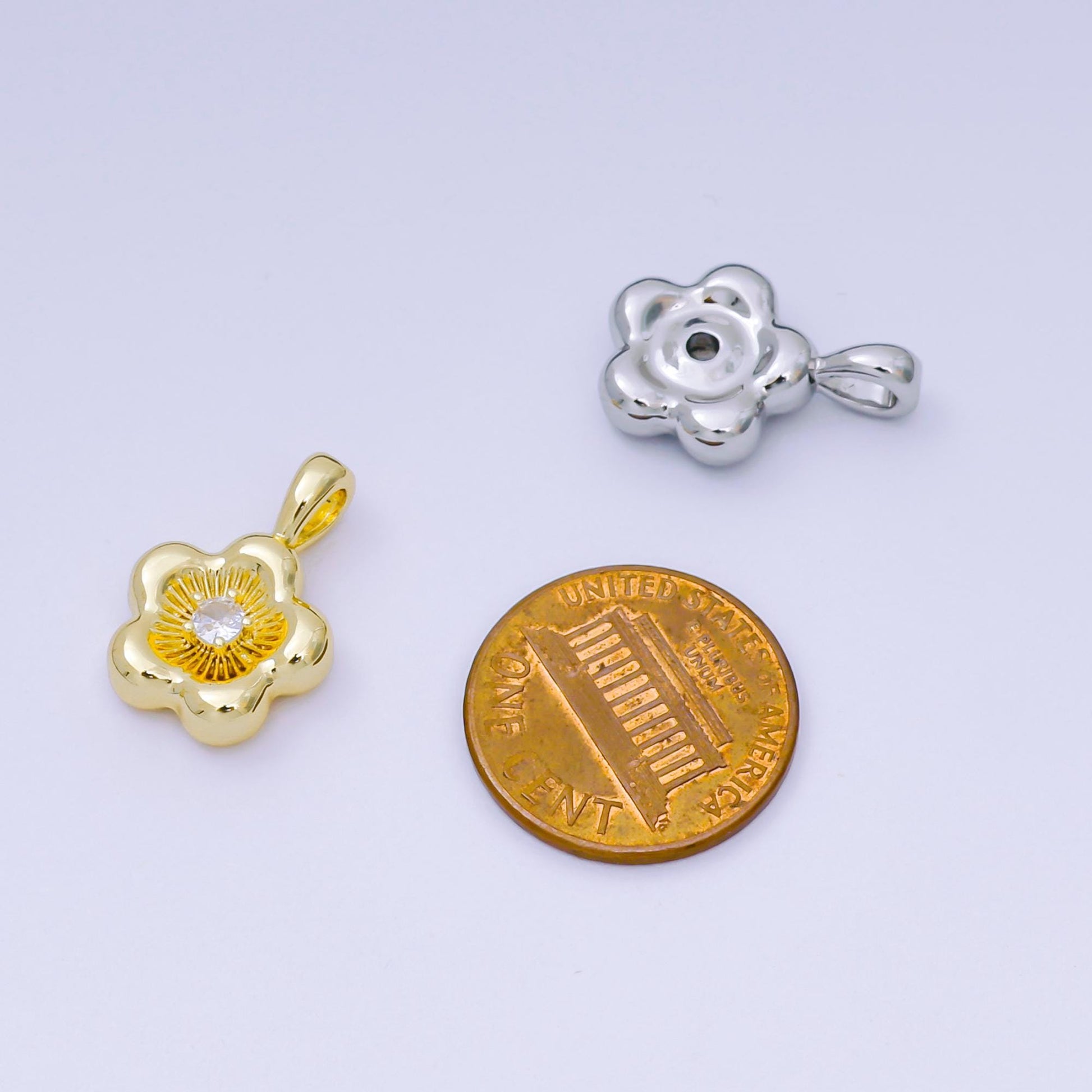Dainty Puffy gold daisy flower pendant, 24k gold Filled minimalistic floral Silver charm | AH-526