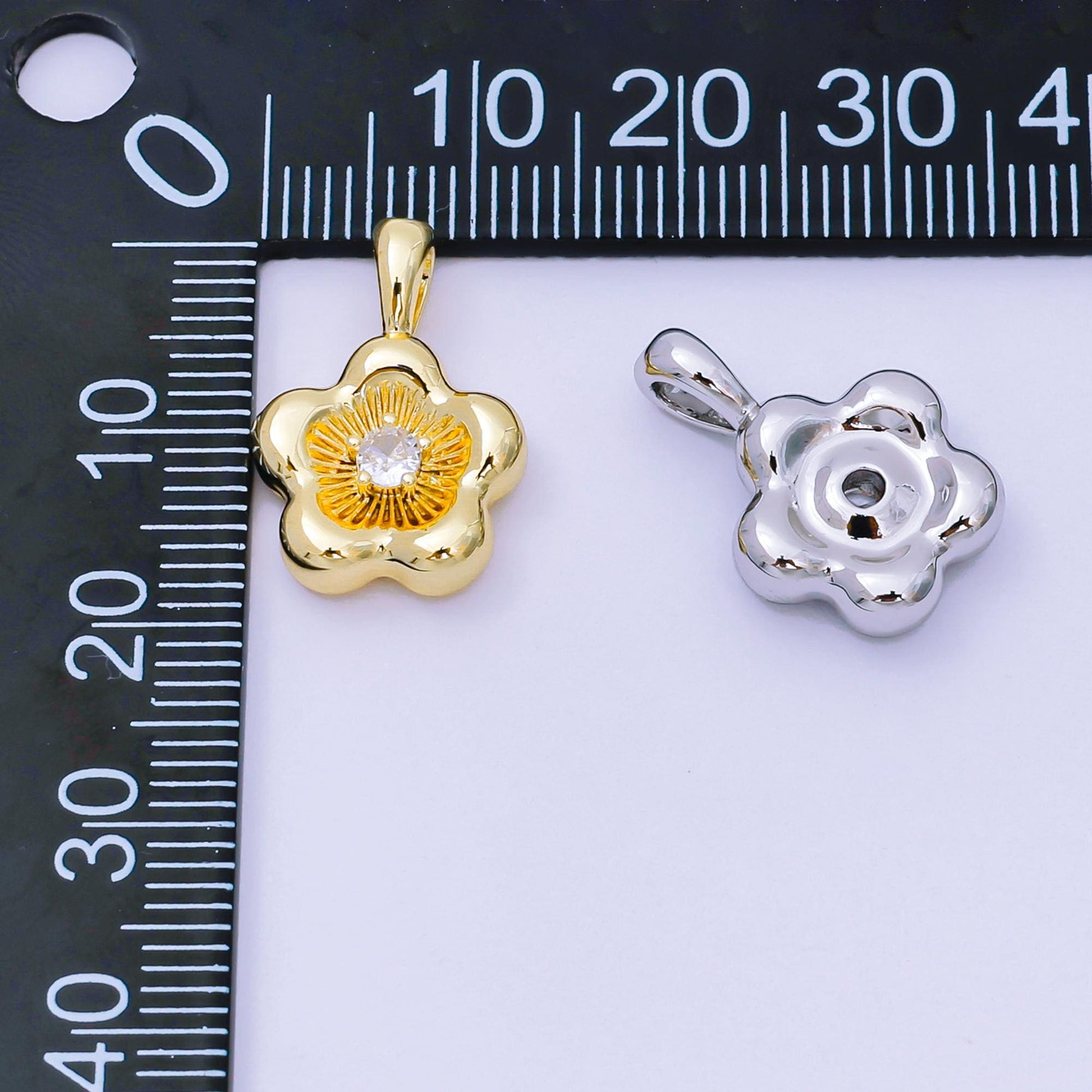 Dainty Puffy gold daisy flower pendant, 24k gold Filled minimalistic floral Silver charm | AH-526