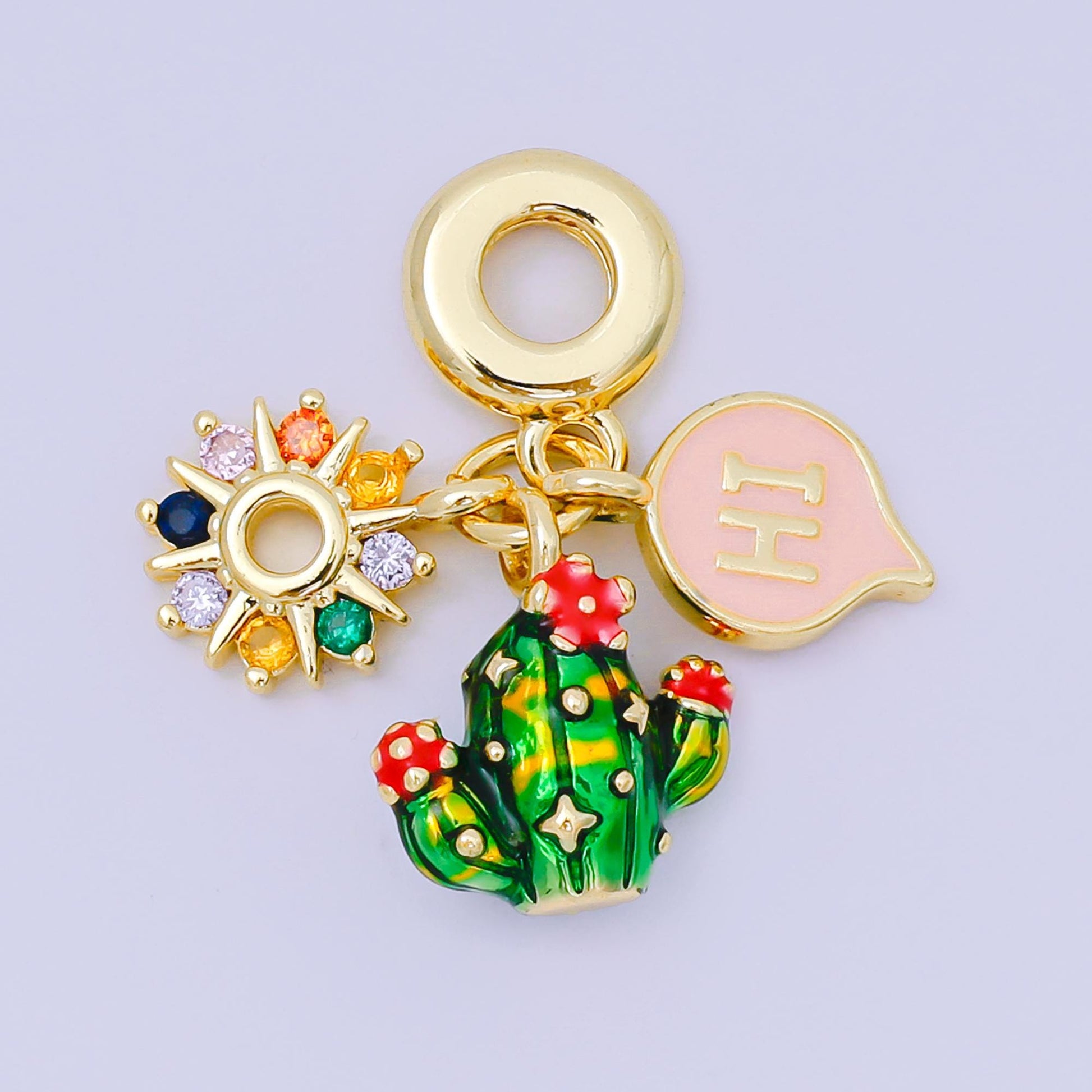 24K Gold Filled 13.5mm Multicolor CZ Enamel Art Desert Theme Charm in Cactus, Sun, & Hi Rondelle Drop Pendant | M-098