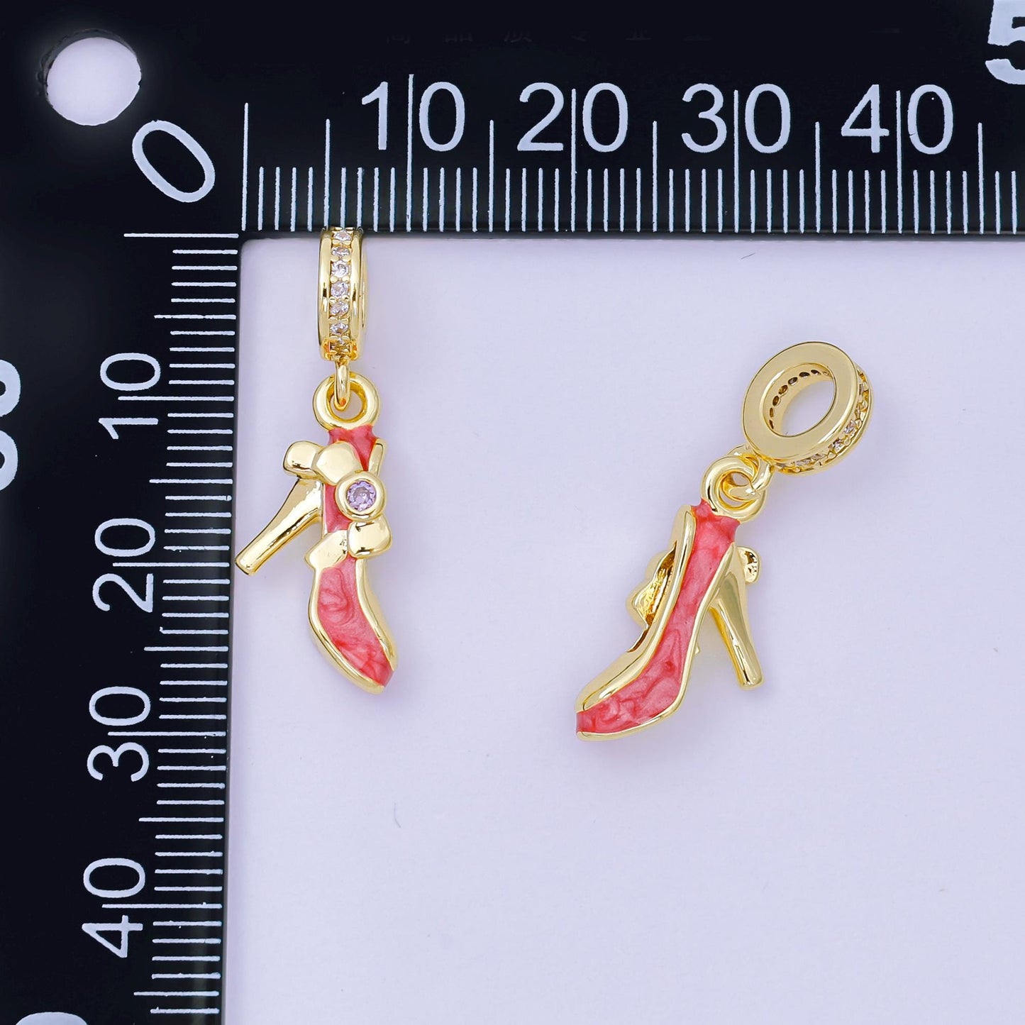 24K Gold Filled Red High Heels Stiletto Micro Paved CZ Rondelle Bead | D813