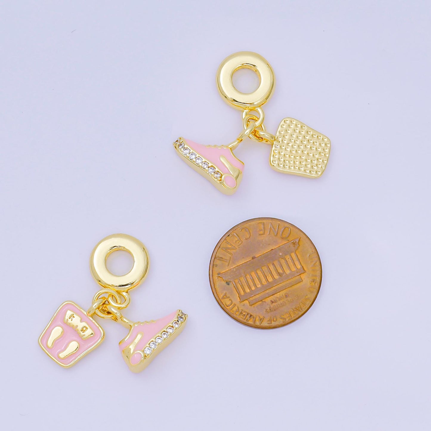 24K Gold Filled 14mm Micro Paved CZ Pink Enamel Set Charm in Pink Sneakers & Weight Scale Rhondelle Drop Pendant | M-053