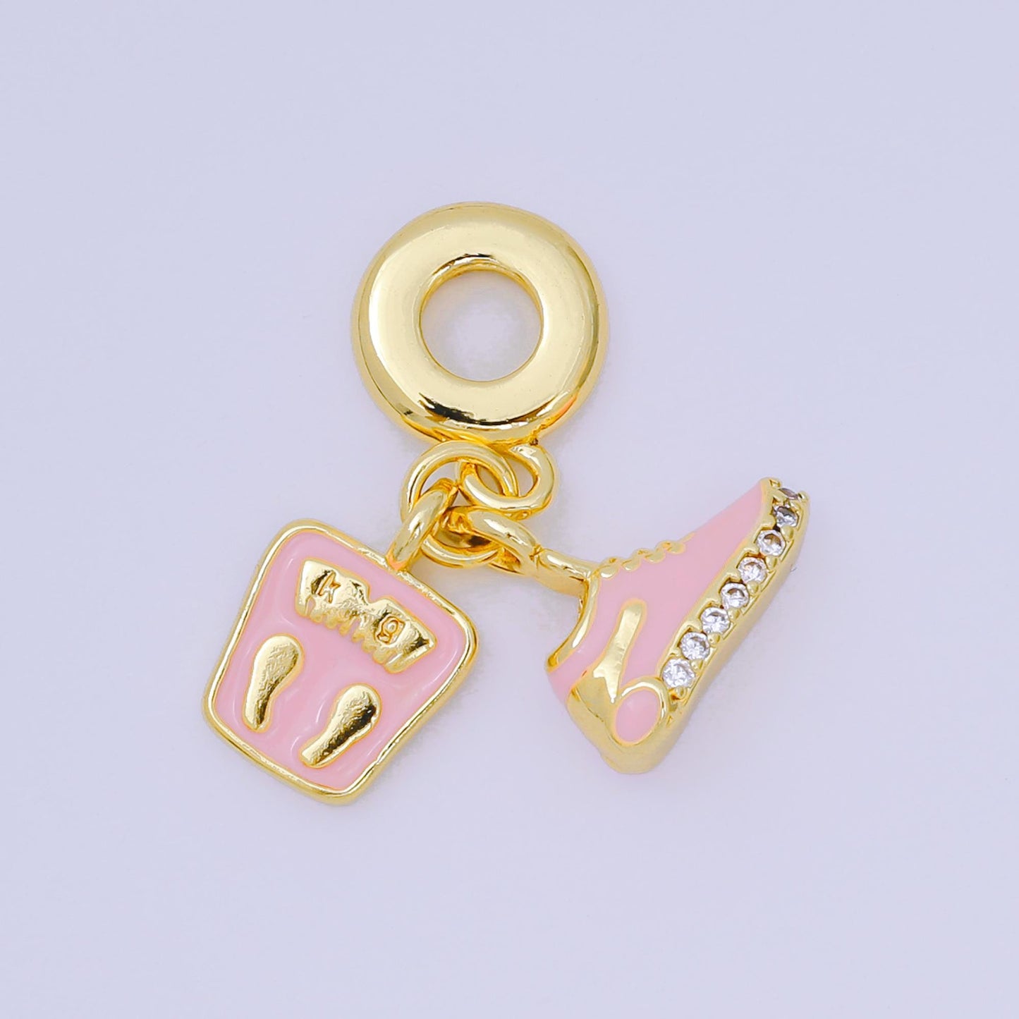 24K Gold Filled 14mm Micro Paved CZ Pink Enamel Set Charm in Pink Sneakers & Weight Scale Rhondelle Drop Pendant | M-053