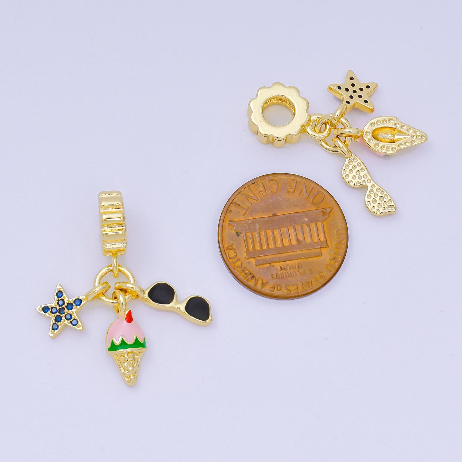 24K Gold Filled 14mm Micro Paved CZ Enamel Art Playful Set Charm in Star, Ice Cream, & Sunglasses Rhondelle Drop Pendant | M-097