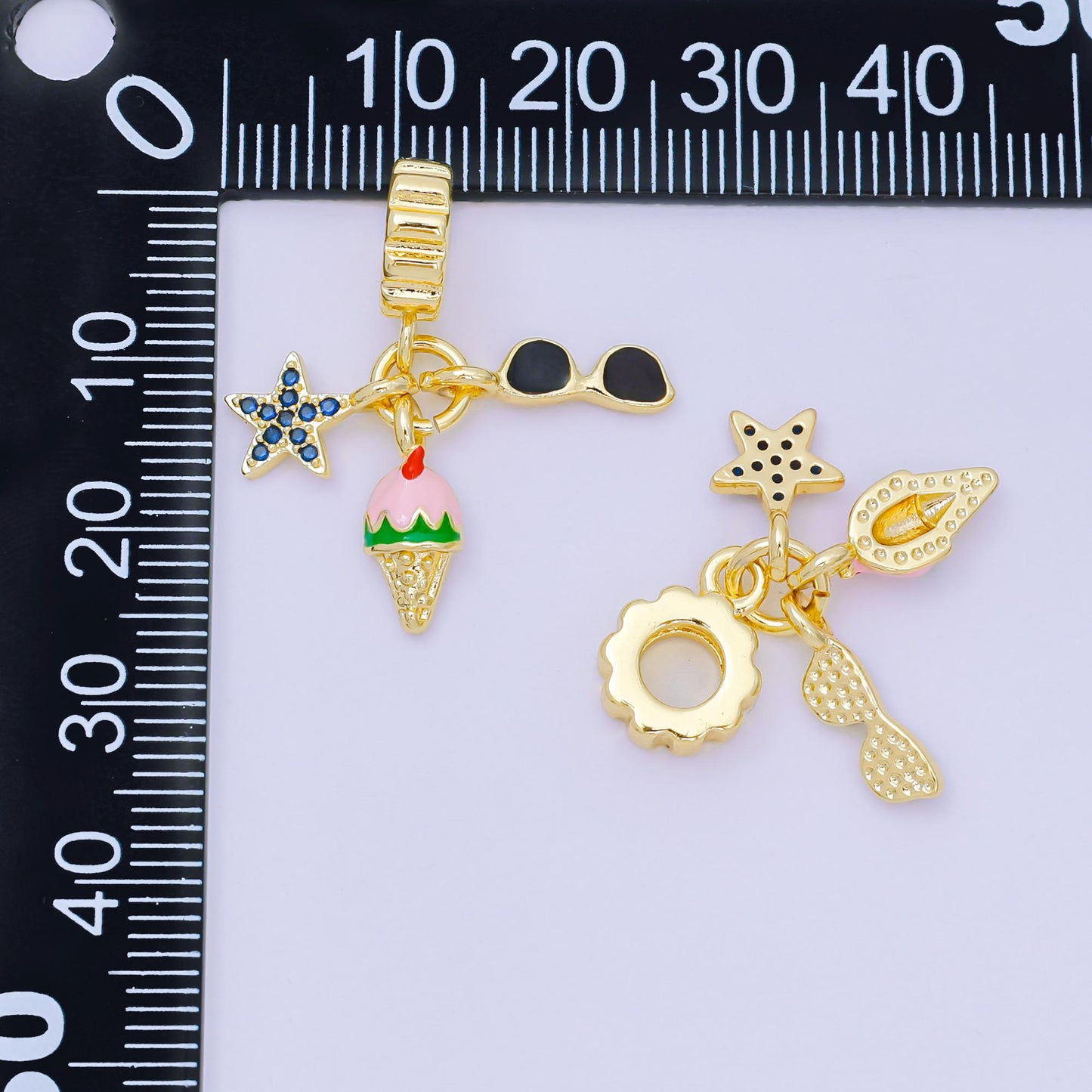 24K Gold Filled 14mm Micro Paved CZ Enamel Art Playful Set Charm in Star, Ice Cream, & Sunglasses Rhondelle Drop Pendant | M-097
