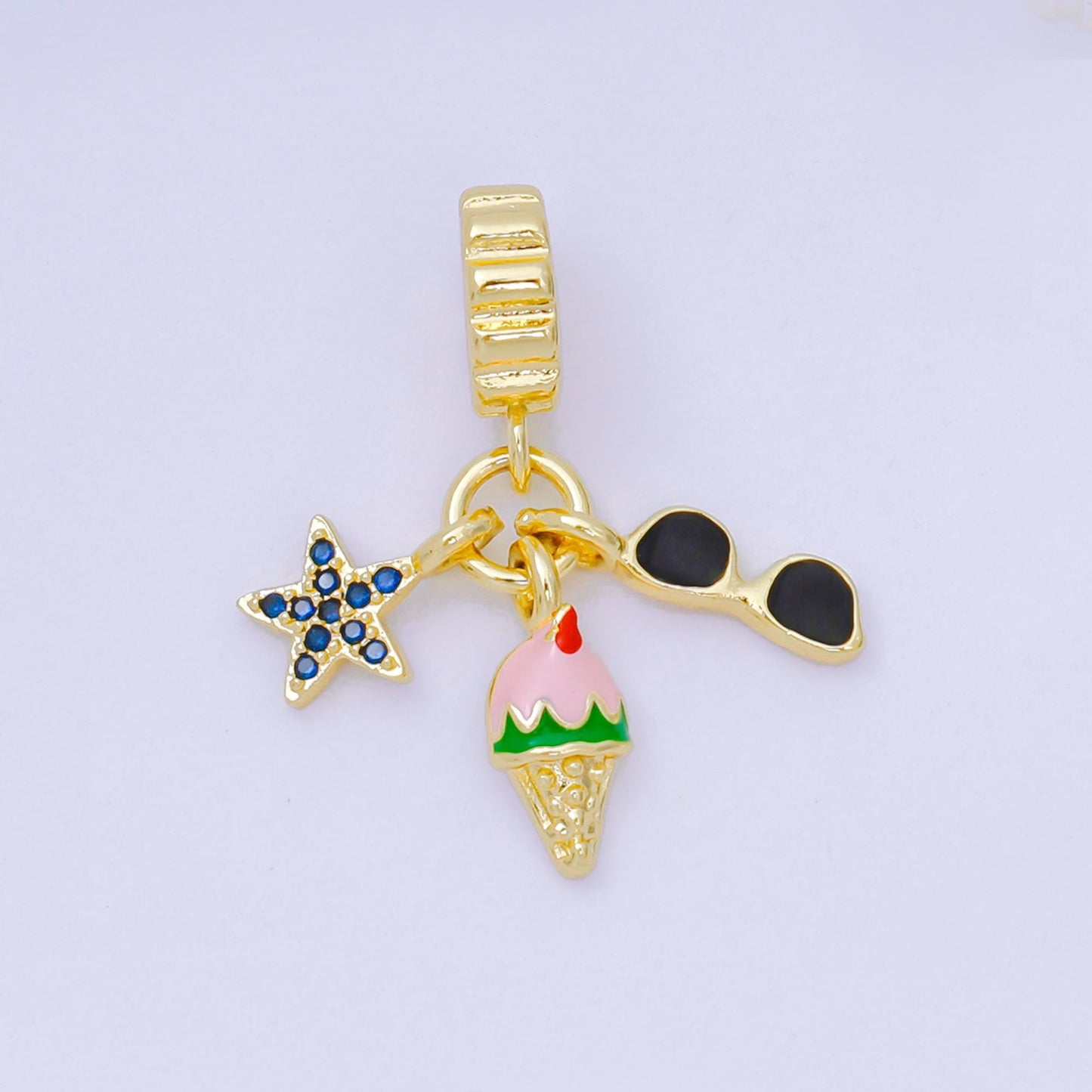 24K Gold Filled 14mm Micro Paved CZ Enamel Art Playful Set Charm in Star, Ice Cream, & Sunglasses Rhondelle Drop Pendant | M-097
