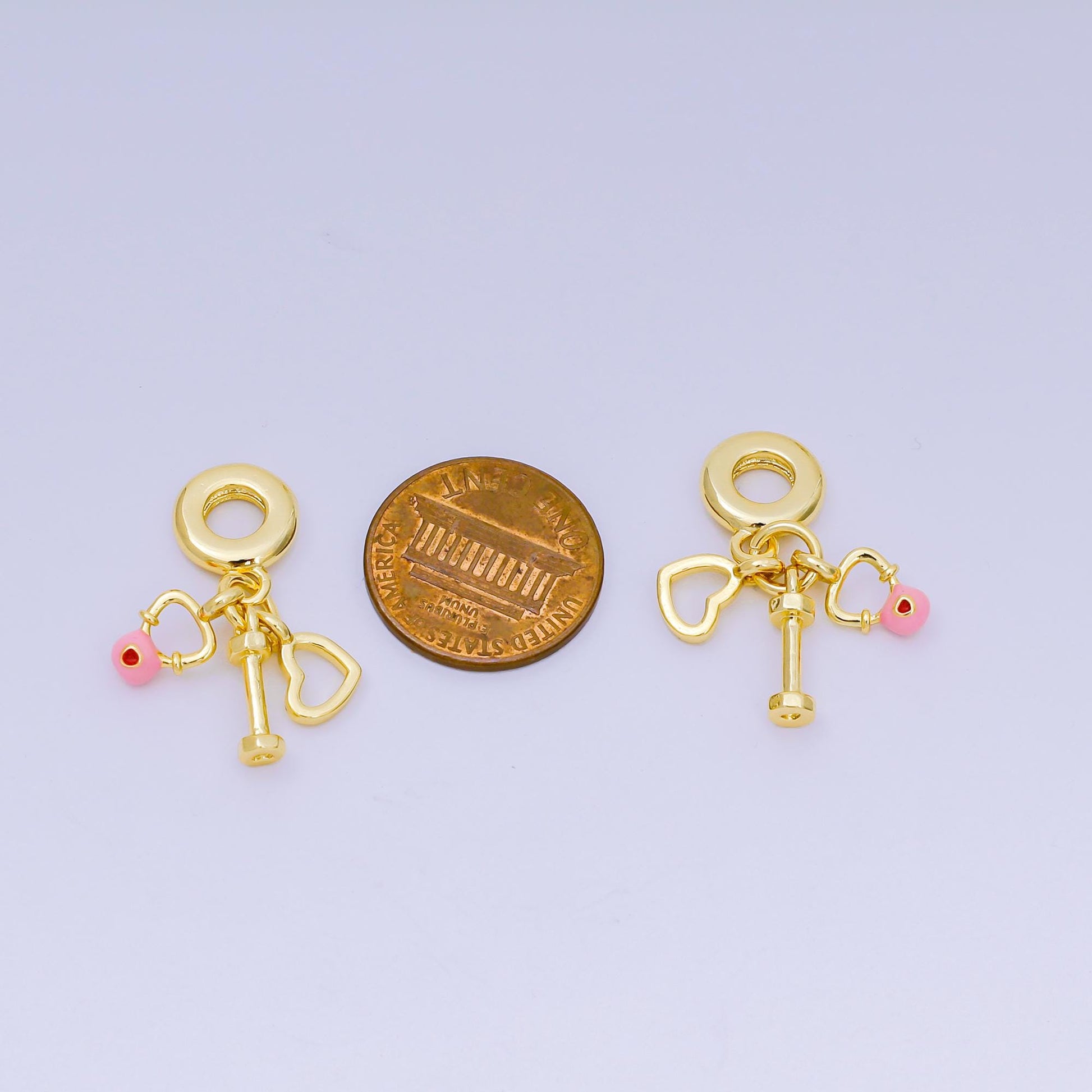 24K Gold Filled 11.5mm Red CZ Enamel Art Gym Set Charm in Heart, Barbell, & Dumbbells Rondelle Drop Pendant | M-099