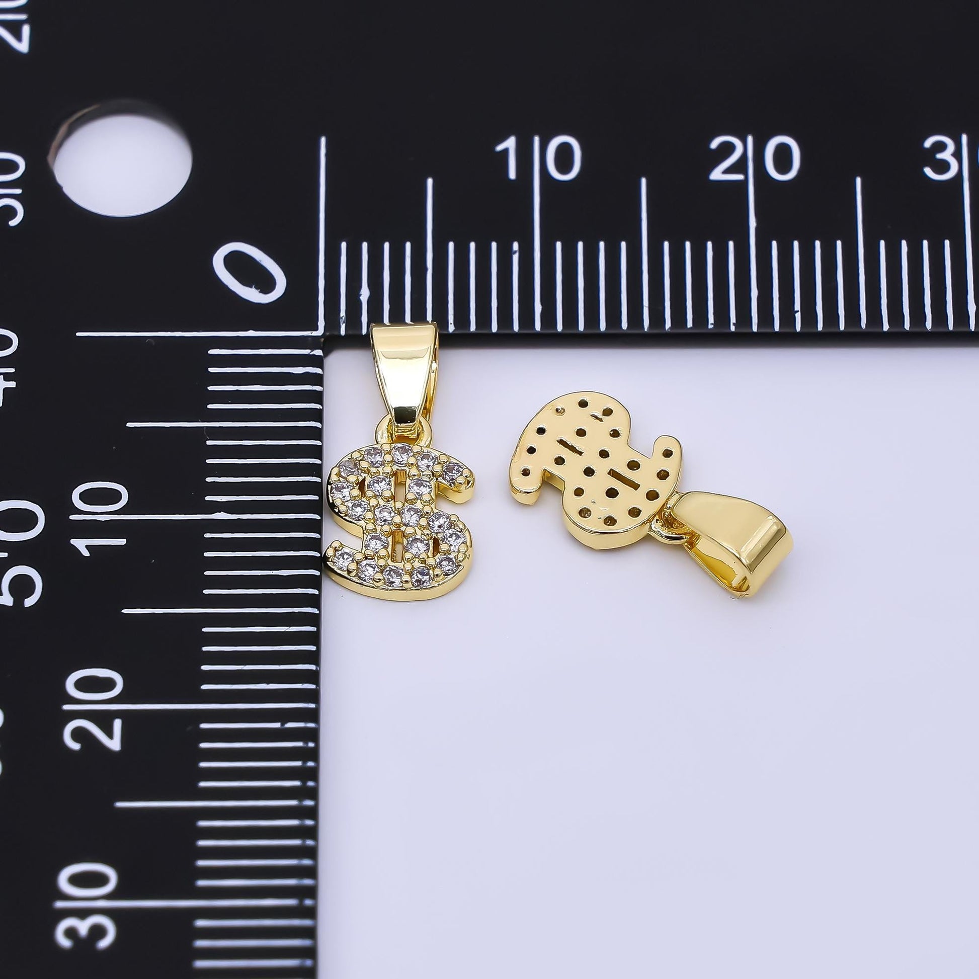 24K Gold Filled 9.5mm Micro Paved CZ Money Dollar Sign Pendant | AA-1607