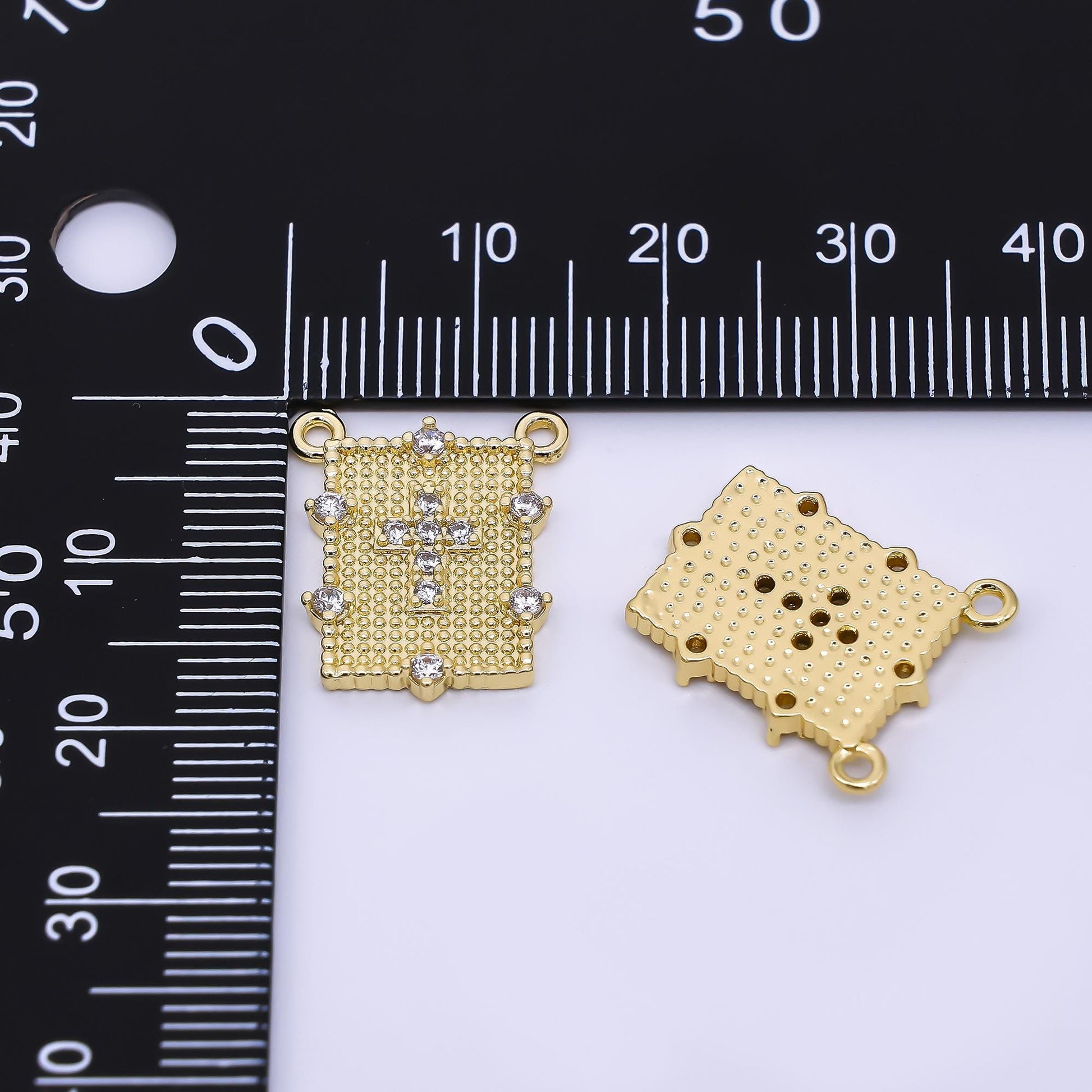 24K Gold Filled 17.5mm Micro Paved CZ Cross Dotted Rectangle Connector | Y-061