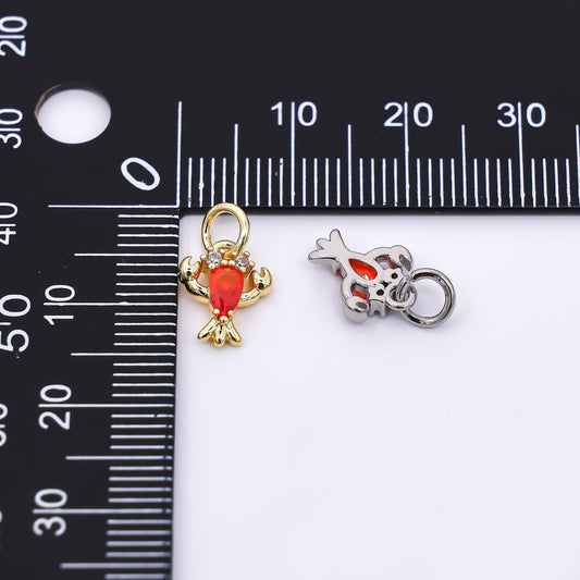24K Gold Filled 16mm Red Teardrop CZ Fresh Sea Shrimp Lobster Animal Charm in Gold & Silver | M-653