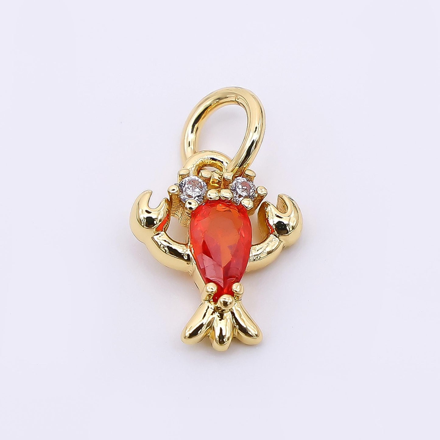 24K Gold Filled 16mm Red Teardrop CZ Fresh Sea Shrimp Lobster Animal Charm in Gold & Silver | M-653