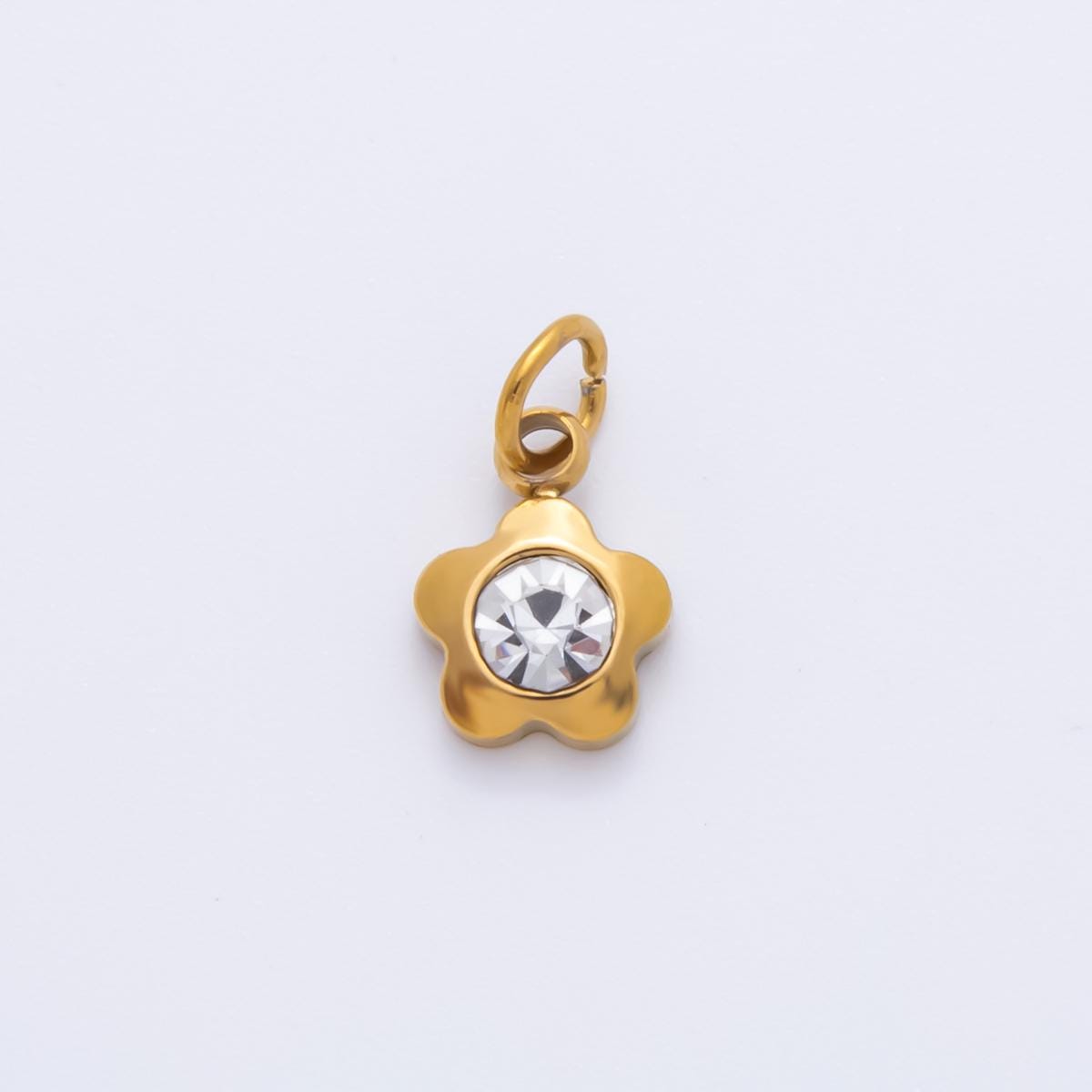 Mini PVD Gold Stainless Steel Tiny Daisy Crystal Bezel Cut Charm Minimalist Flower Add on Jewelry Making Supply | AH-903