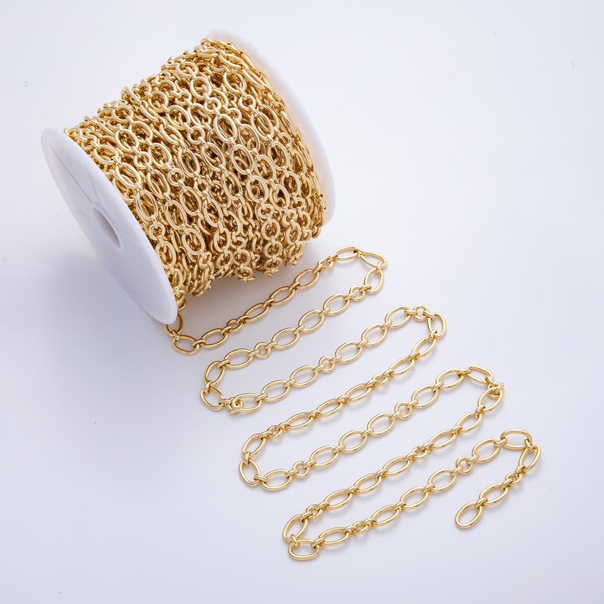 Gold Oval Stadium Cable Paperclip Chain by Yard, Link Cable Rolo Elongate Chain Wholesale bulk Roll Chain for Jewelry Making ROLL-1693