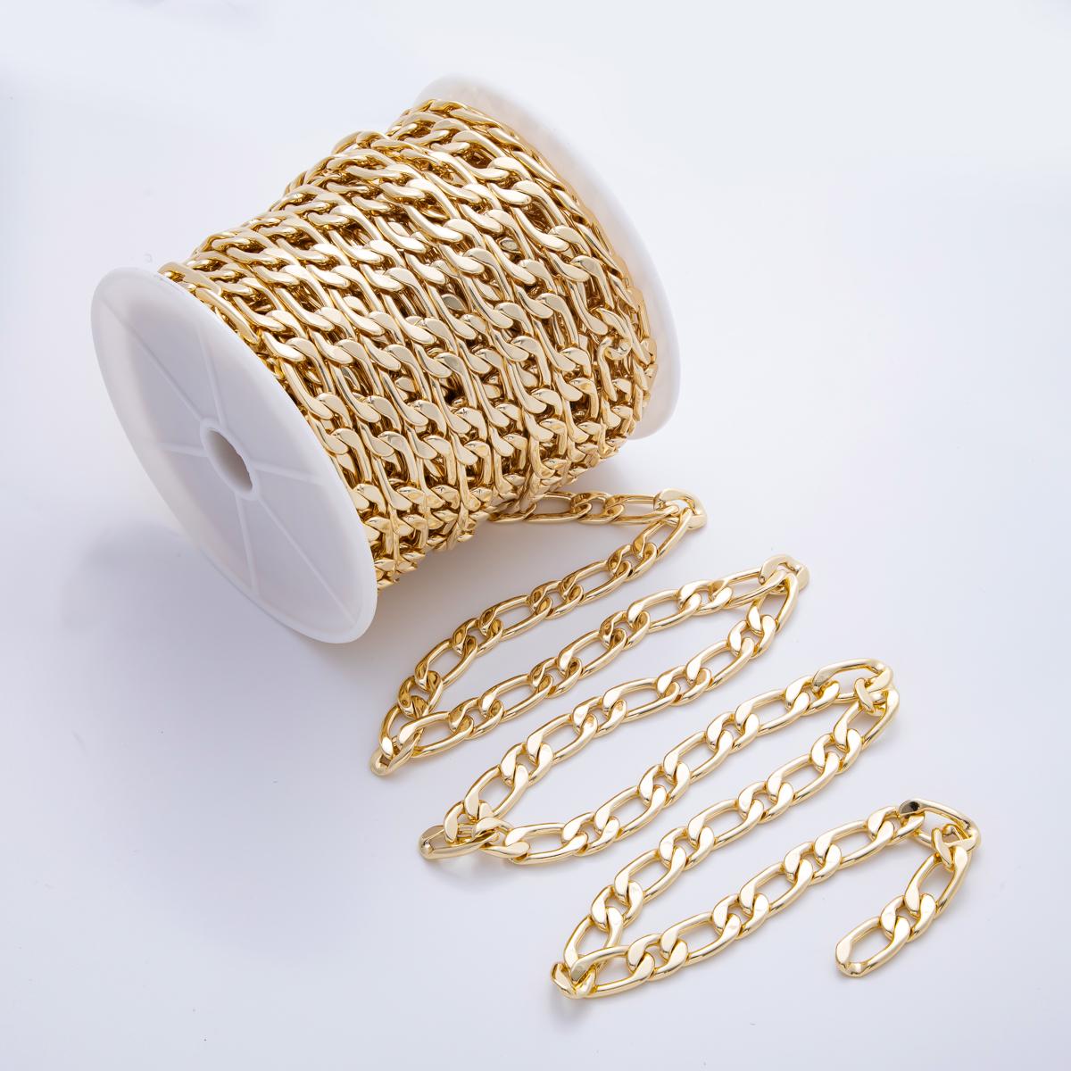 Chunky figaro 16k gold Filled chain by yard, link cable link elongate chain, wholesale bulk roll chain diy craft 12mm Rolll-1694