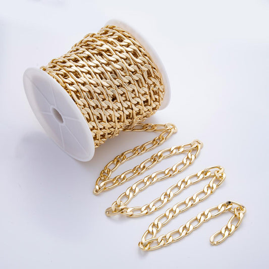 Chunky figaro 16k gold Filled chain by yard, link cable link elongate chain, wholesale bulk roll chain diy craft 12mm Rolll-1694