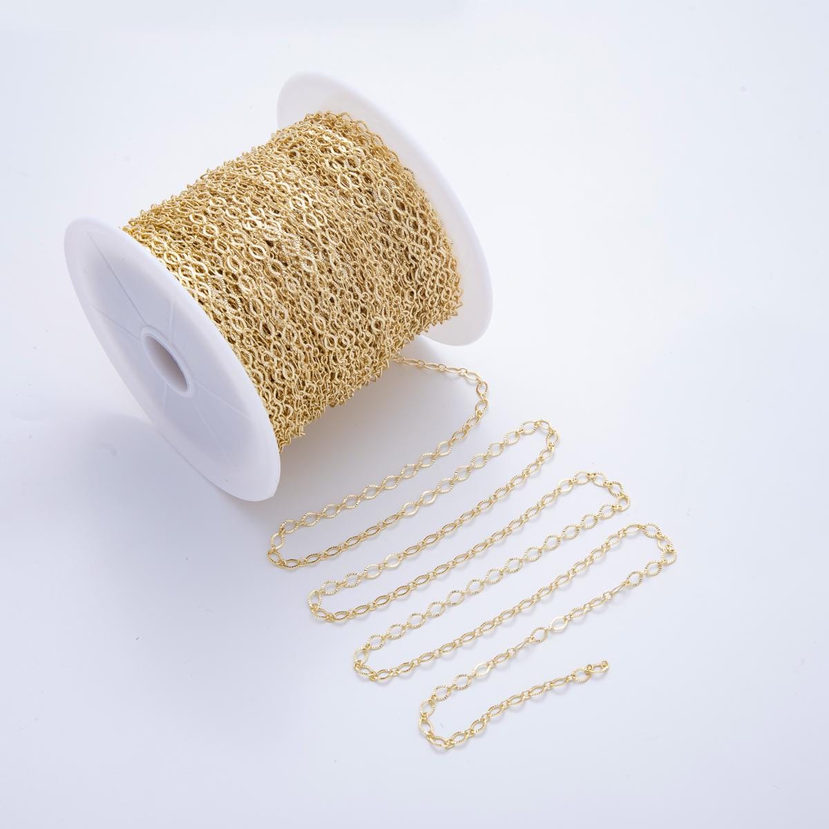 Dainty Gold Oval Rolo Chain by Yard, Sunburst Stamp Oval Link, Wholesale bulk Roll Chain for Jewelry Making ROLL-1698