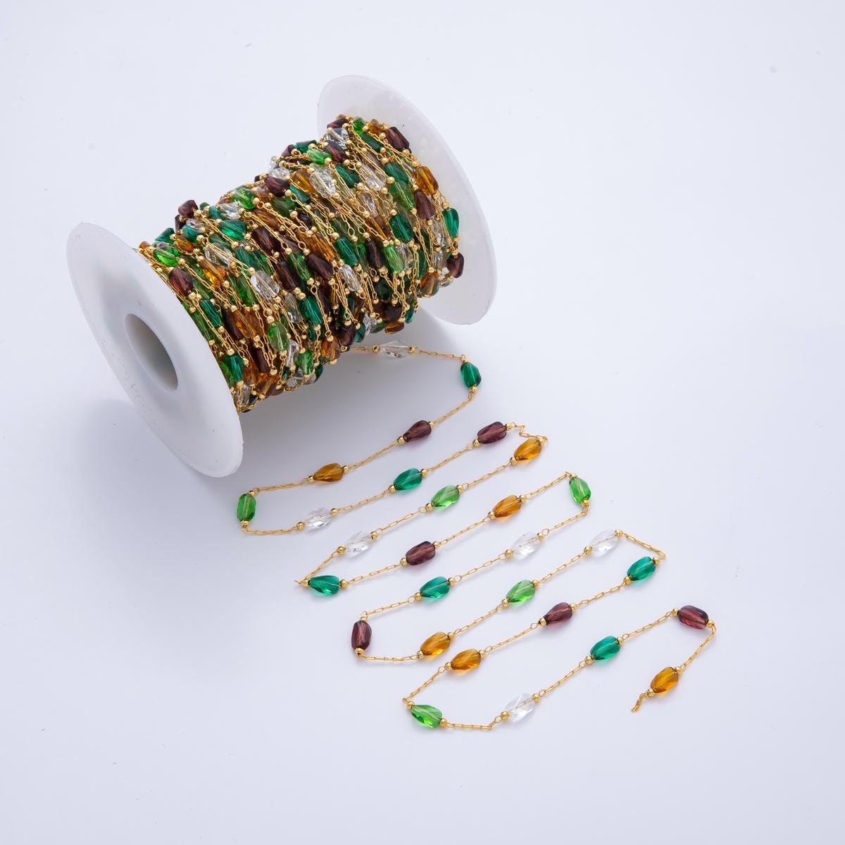 Dainty Gold Filled Colorful glass Bead chain satellite cable chain gold rainbow multi color chain bulk chain by yard | roll-1700