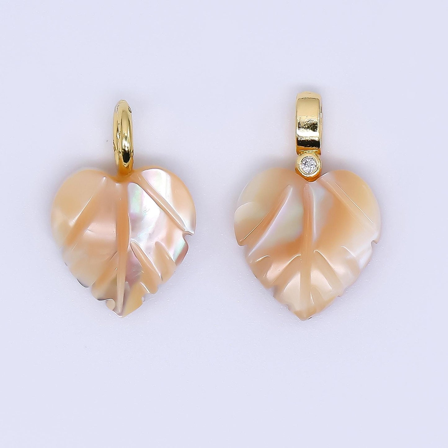 Fall Inspired 24k gold filled 18mm shell pearl heart nature monstera leaf pendant Champagne Pearl Mauve Charm | AF-555