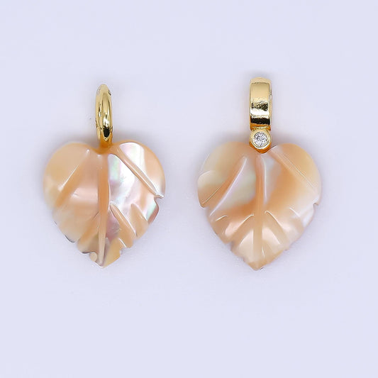 Fall Inspired 24k gold filled 18mm shell pearl heart nature monstera leaf pendant Champagne Pearl Mauve Charm | AF-555