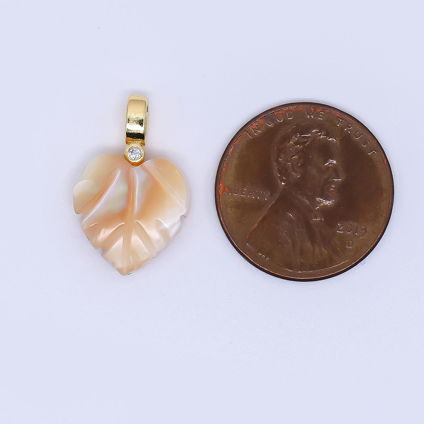 Fall Inspired 24k gold filled 18mm shell pearl heart nature monstera leaf pendant Champagne Pearl Mauve Charm | AF-555