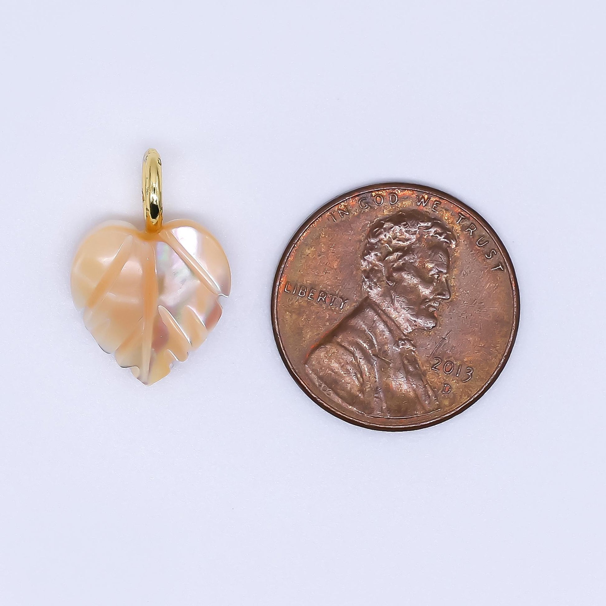 Fall Inspired 24k gold filled 18mm shell pearl heart nature monstera leaf pendant Champagne Pearl Mauve Charm | AF-555