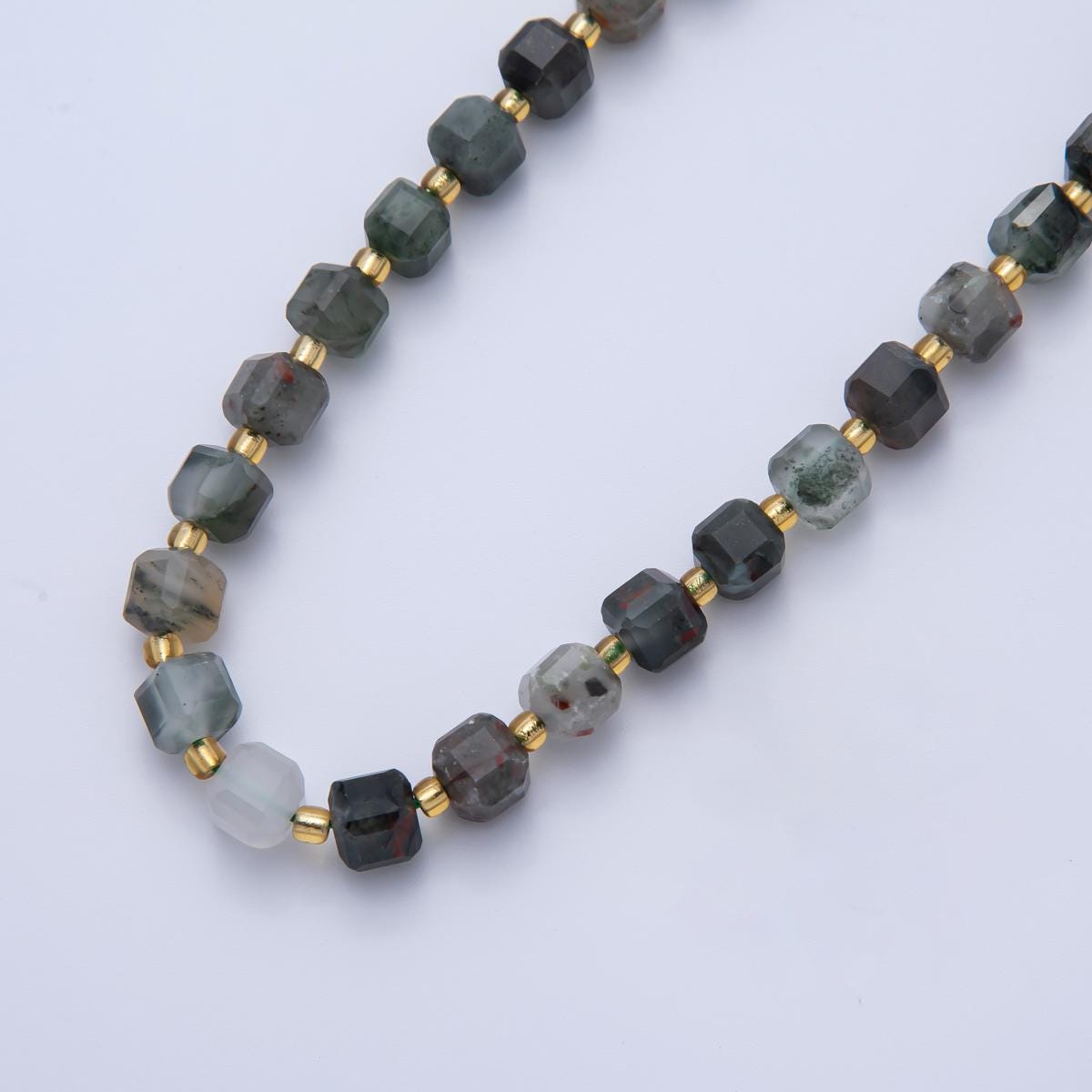 Dark Green Moss Agate Natural Gemstone 6.5mm Faceted Cube Dice Square Beads Strand | WA-3551