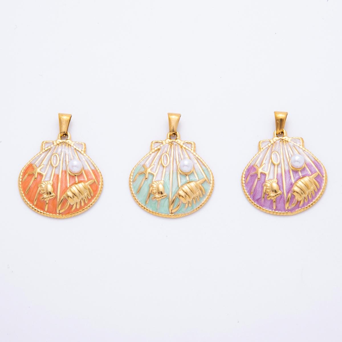 PVD Gold Stainless Steel Colorful Enamel Clam Shell Charm Beach Jewelry Making Supply | J-497