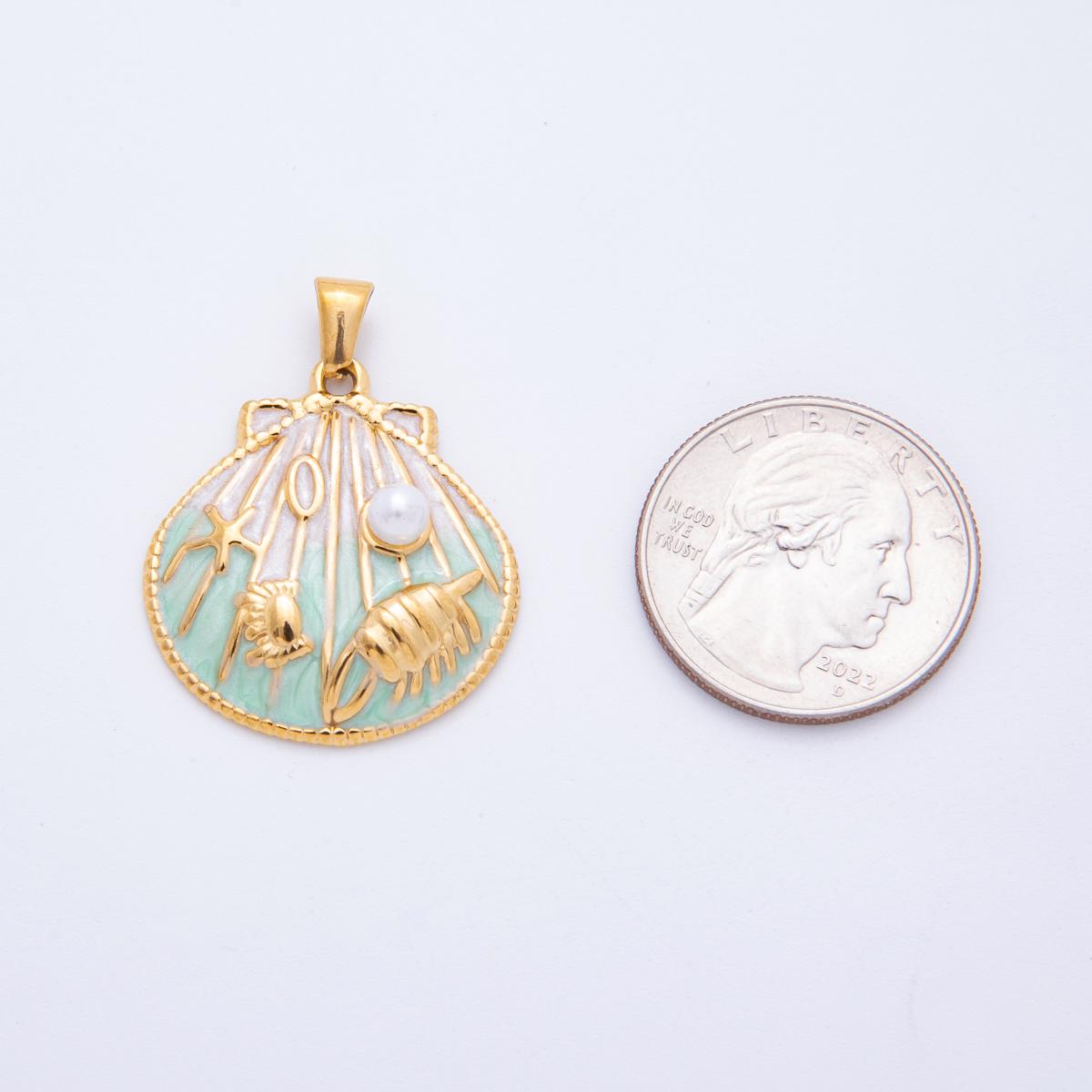 PVD Gold Stainless Steel Colorful Enamel Clam Shell Charm Beach Jewelry Making Supply | J-497