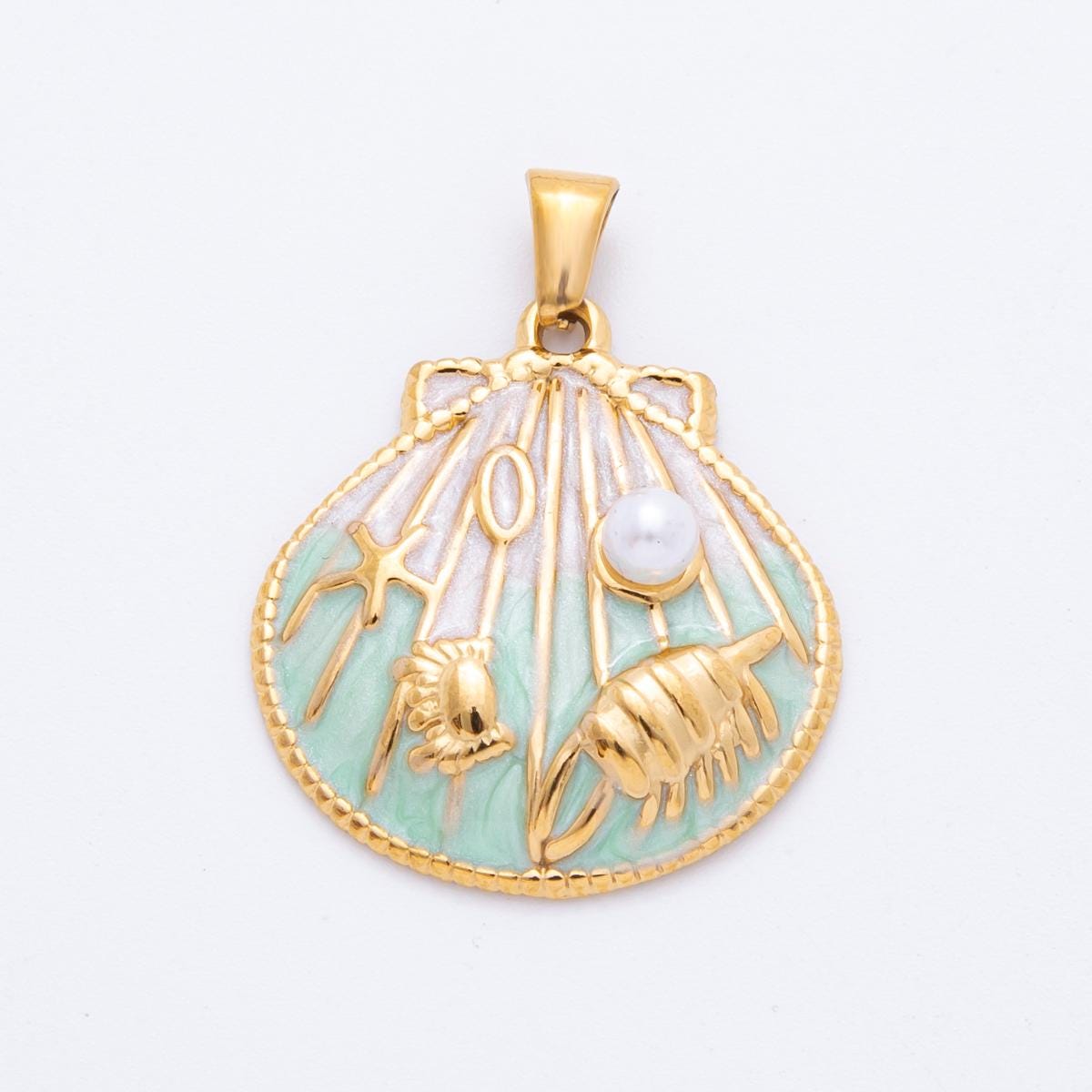PVD Gold Stainless Steel Colorful Enamel Clam Shell Charm Beach Jewelry Making Supply | J-497