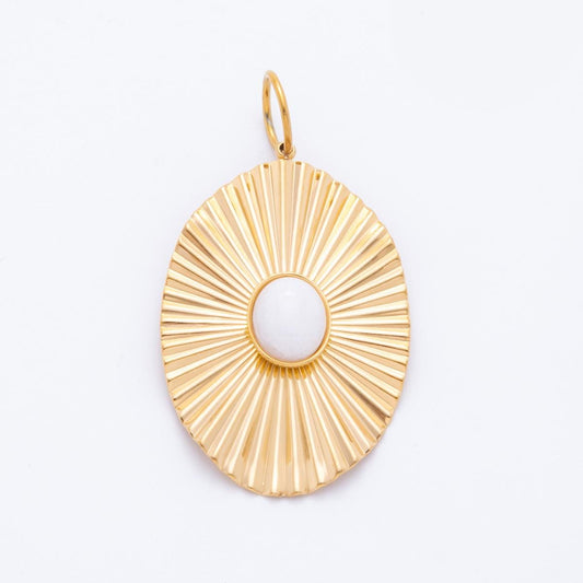 Gold Sunburst Oval Pendant with White Stone – Statement Jewelry Charm J-488