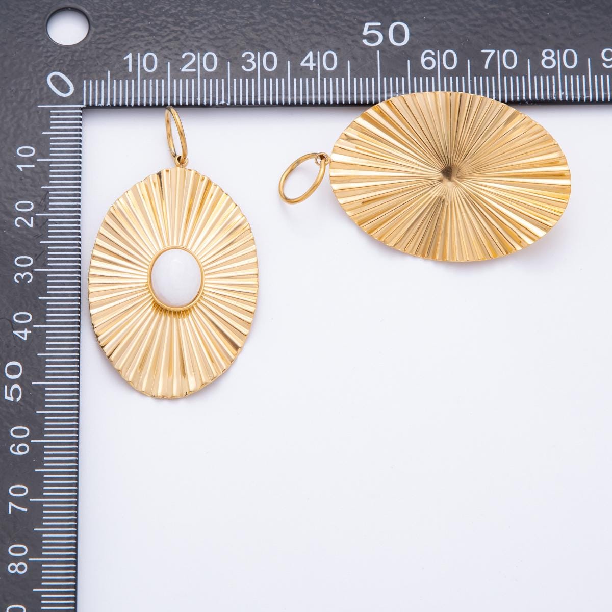 Gold Sunburst Oval Pendant with White Stone – Statement Jewelry Charm J-488