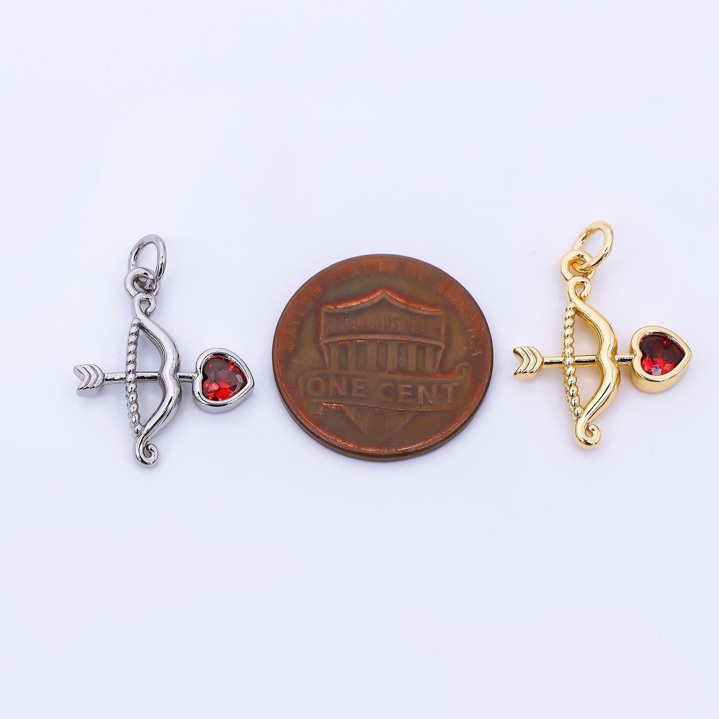 24K Gold Filled 18mm Red Heart-Shaped CZ Cupid Arrow Charm in Gold & Silver | M-573