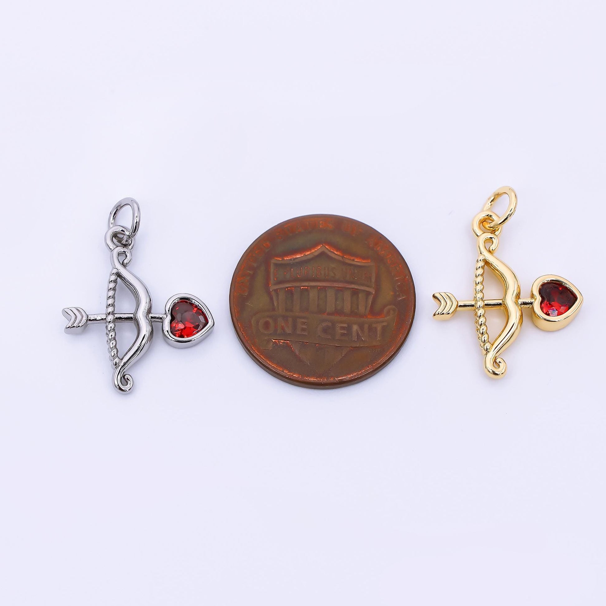 24K Gold Filled 18mm Red Heart-Shaped CZ Cupid Arrow Charm in Gold & Silver | M-573