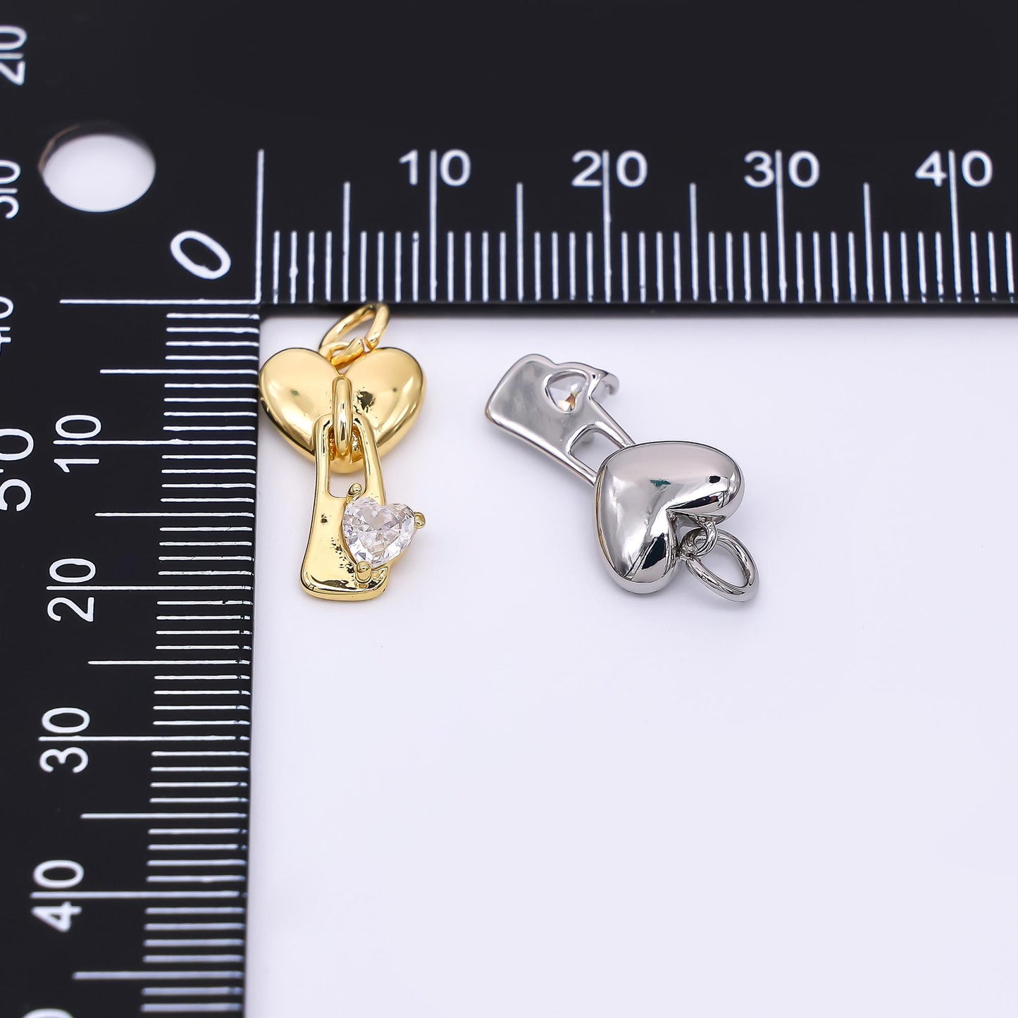 24K Gold Filled Clear CZ Heart Key Padlock Drop Charm in Gold & Silver | M-580