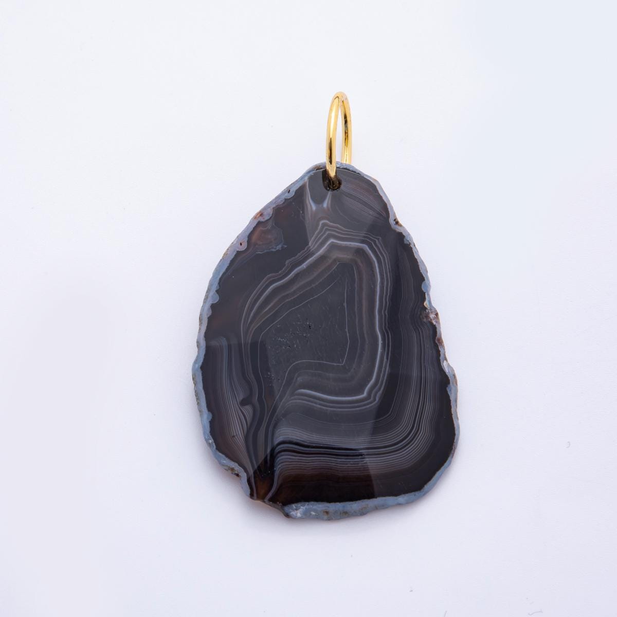 Big Natural Black Agate Slice Pendant with Gold Bail – Raw Edge Stone Jewelry Marble Inspired Pendant for Cord Necklace Supply E-608
