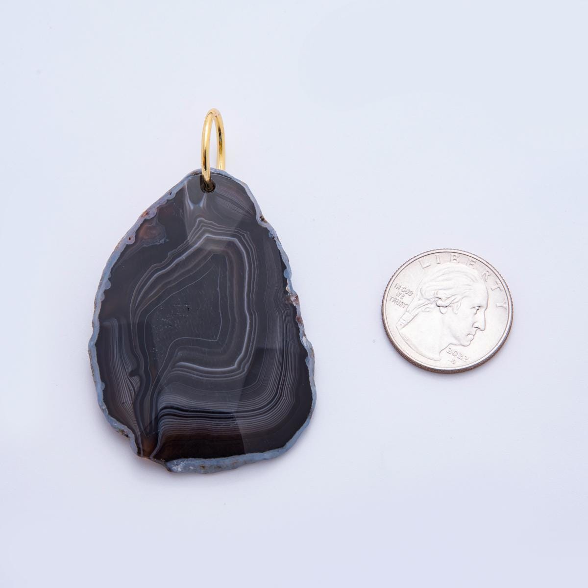 Big Natural Black Agate Slice Pendant with Gold Bail – Raw Edge Stone Jewelry Marble Inspired Pendant for Cord Necklace Supply E-608