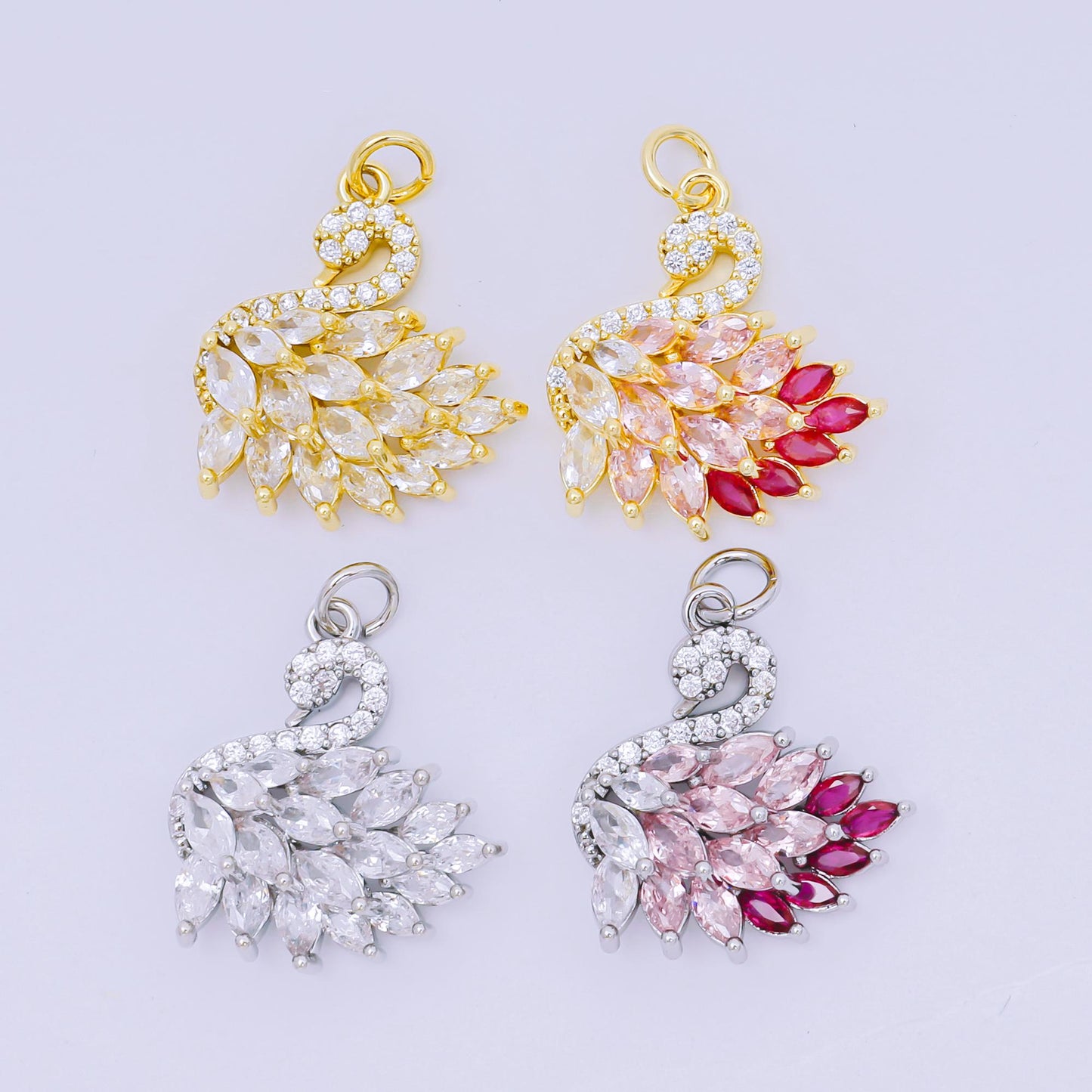 24K Gold Filled Clear, Multicolor Pink CZ Swan Animal Charm in Gold & Silver | D398 M541