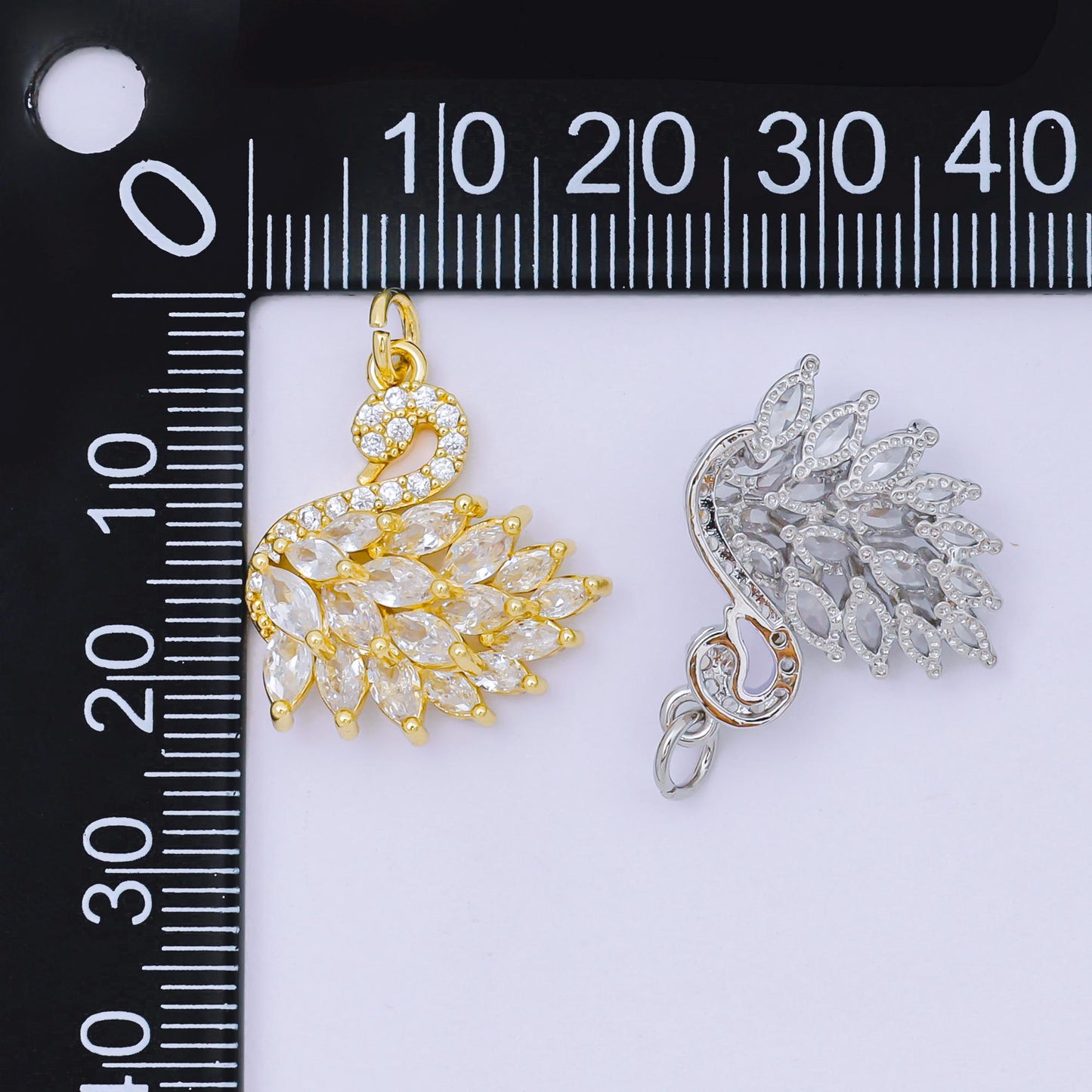 24K Gold Filled Clear, Multicolor Pink CZ Swan Animal Charm in Gold & Silver | D398 M541